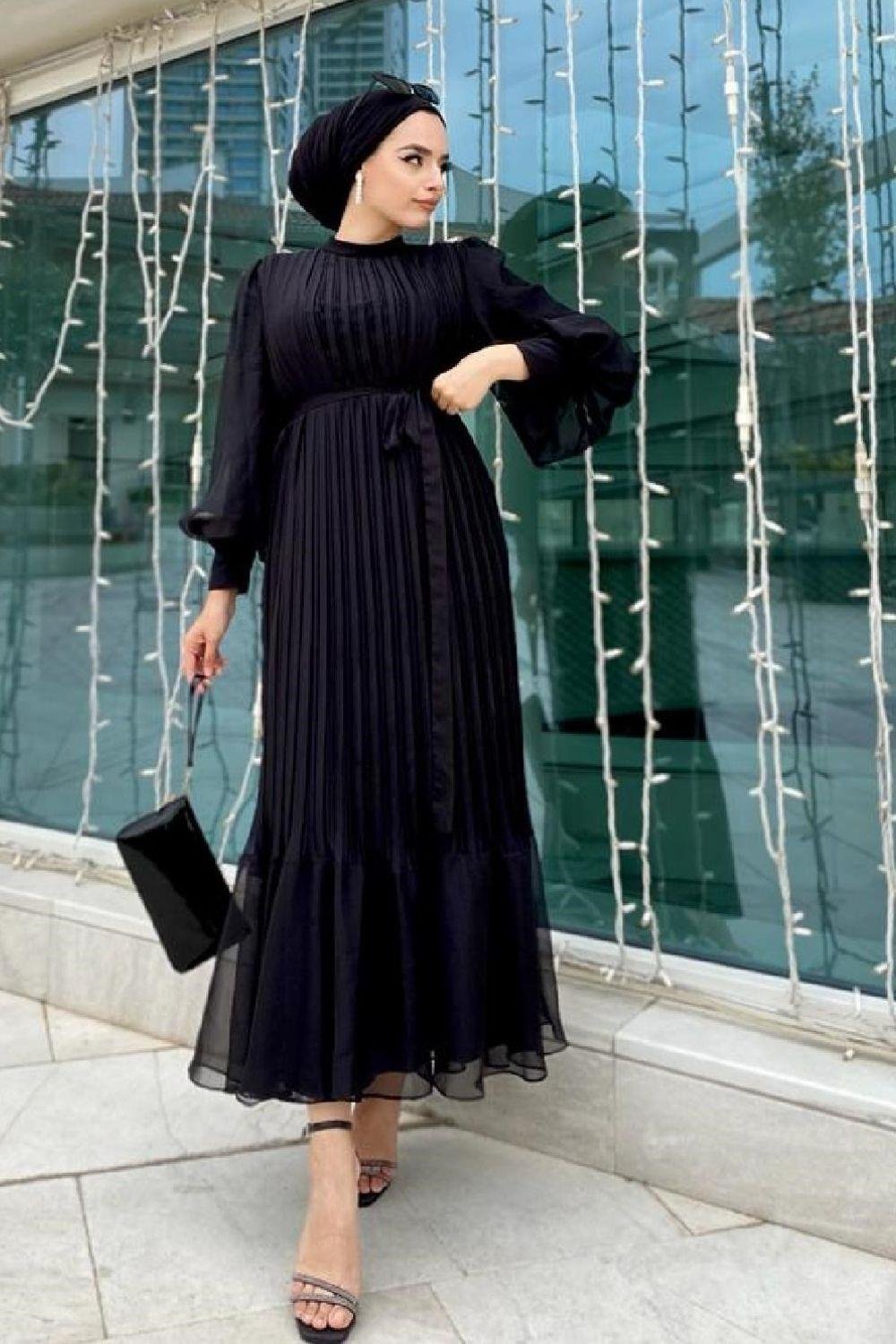 Sık Pileli Balon Kol Elbise Siyah – Şule Giyim | Tesettür Giyim