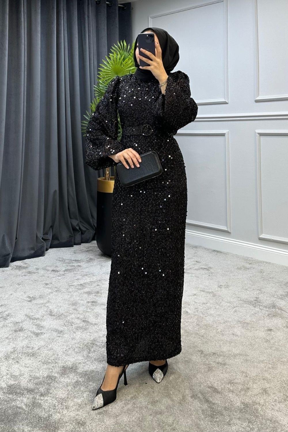 Kırçıllı Payetli Abiye Siyah - Şule Giyim | Tesettür Giyim | Yeni Sezon  Kadın Giyim Modelleri