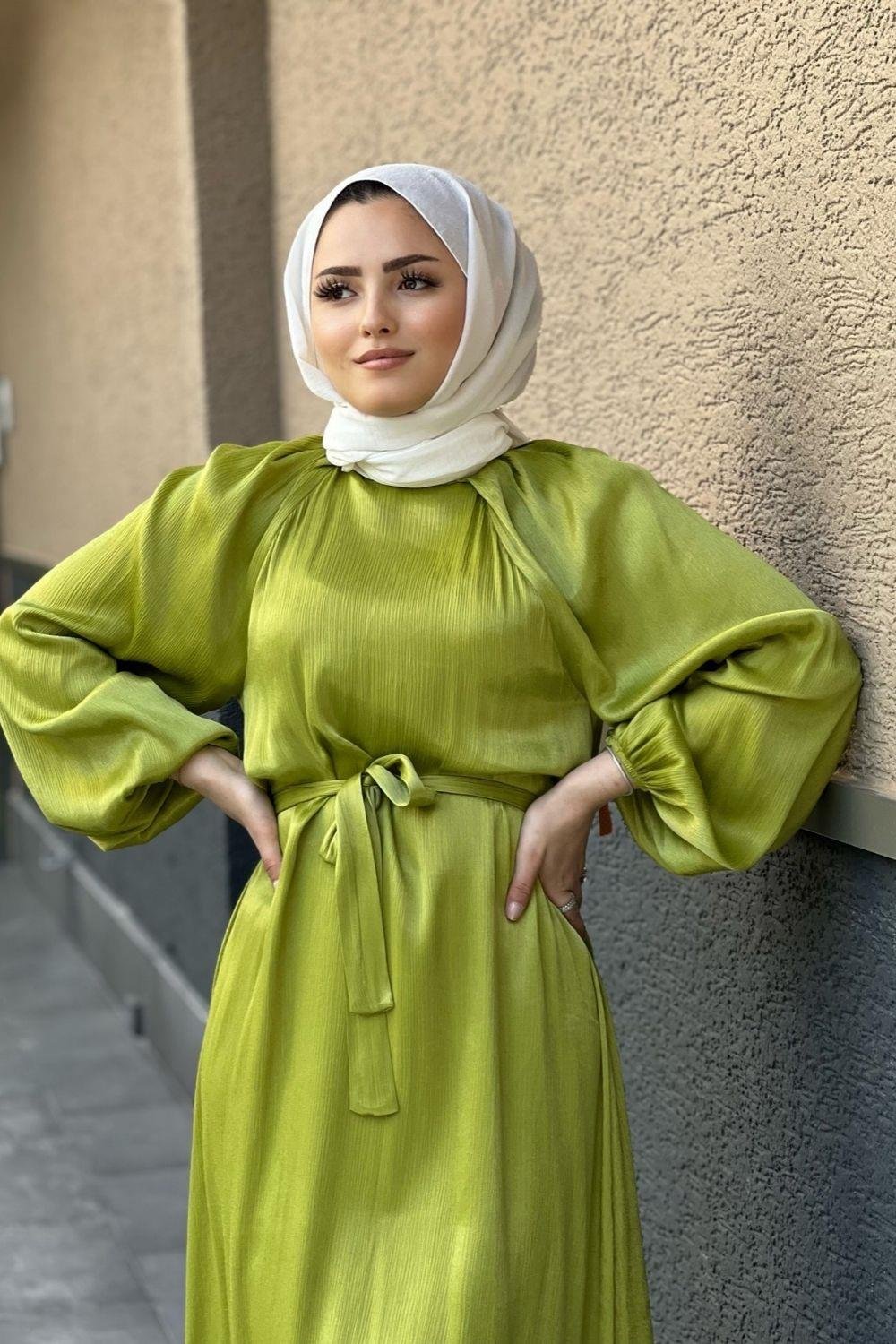 Şule Giyim | Tesettür Giyim | Amine Elbise Yağ Yeşili