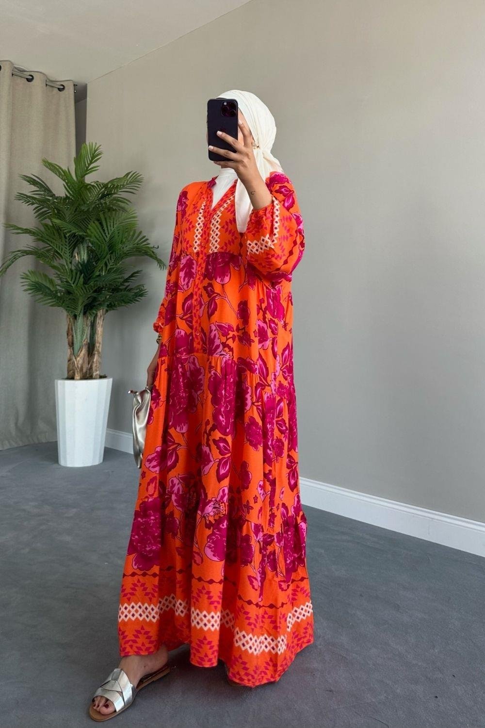 Etnik Desenli Elbise Pembe – Şule Giyim | Tesettür Giyim