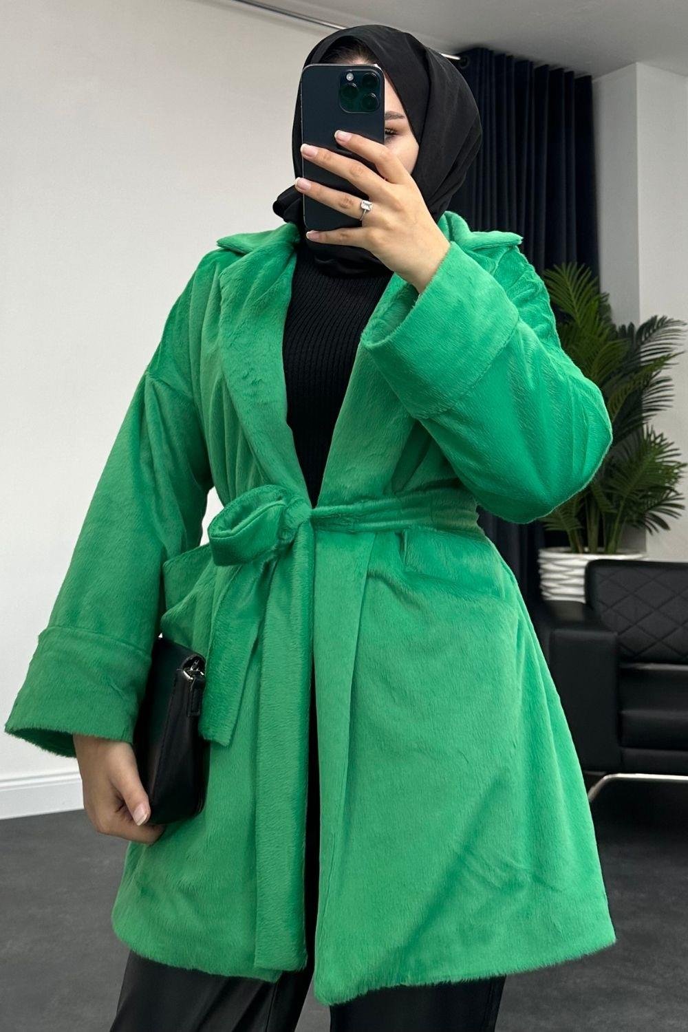 Peluş Kaban Yeşil – Şule Giyim | Tesettür Giyim