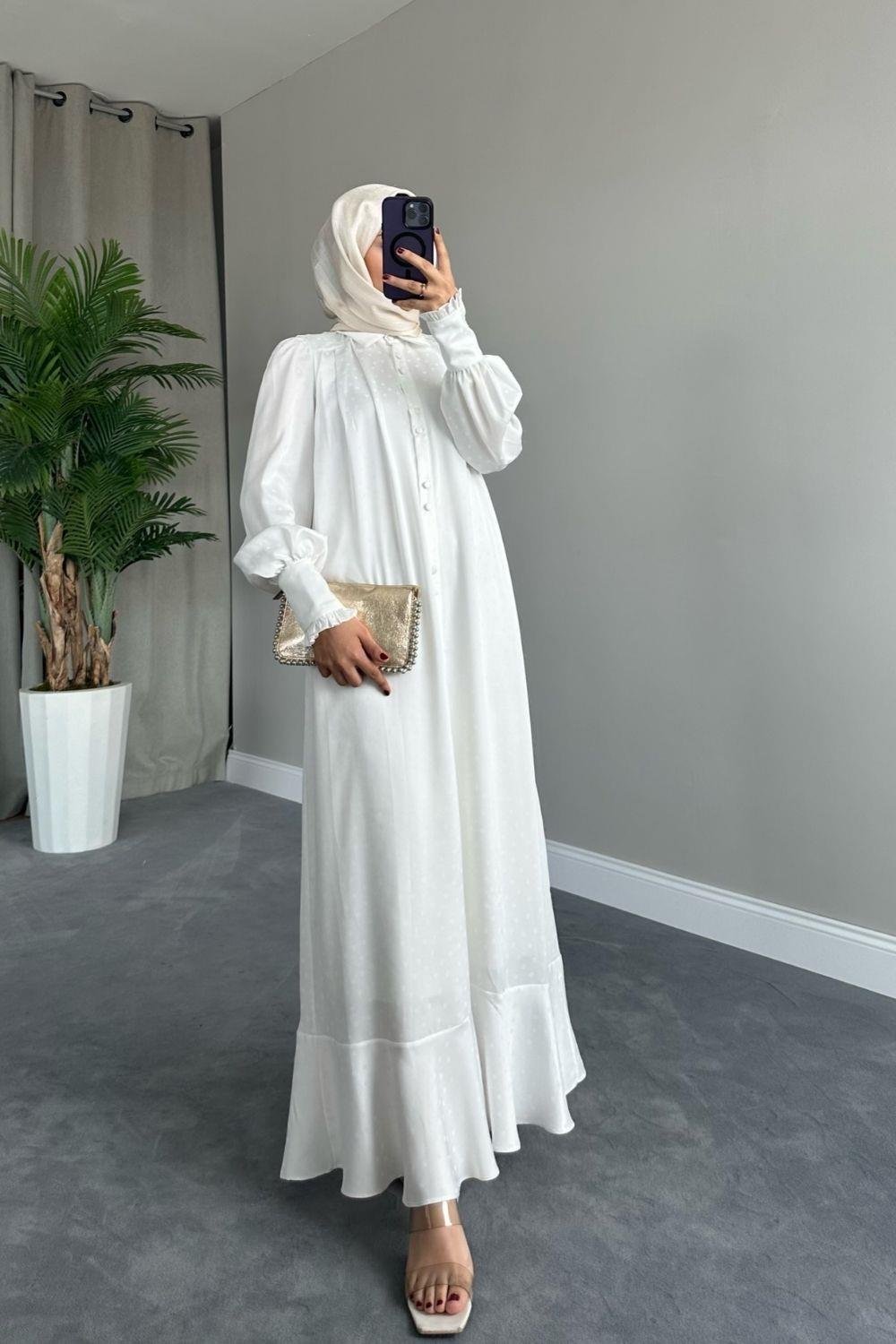 Puantiyeli Kuşaklı Elbise Beyaz – Şule Giyim | Tesettür Giyim