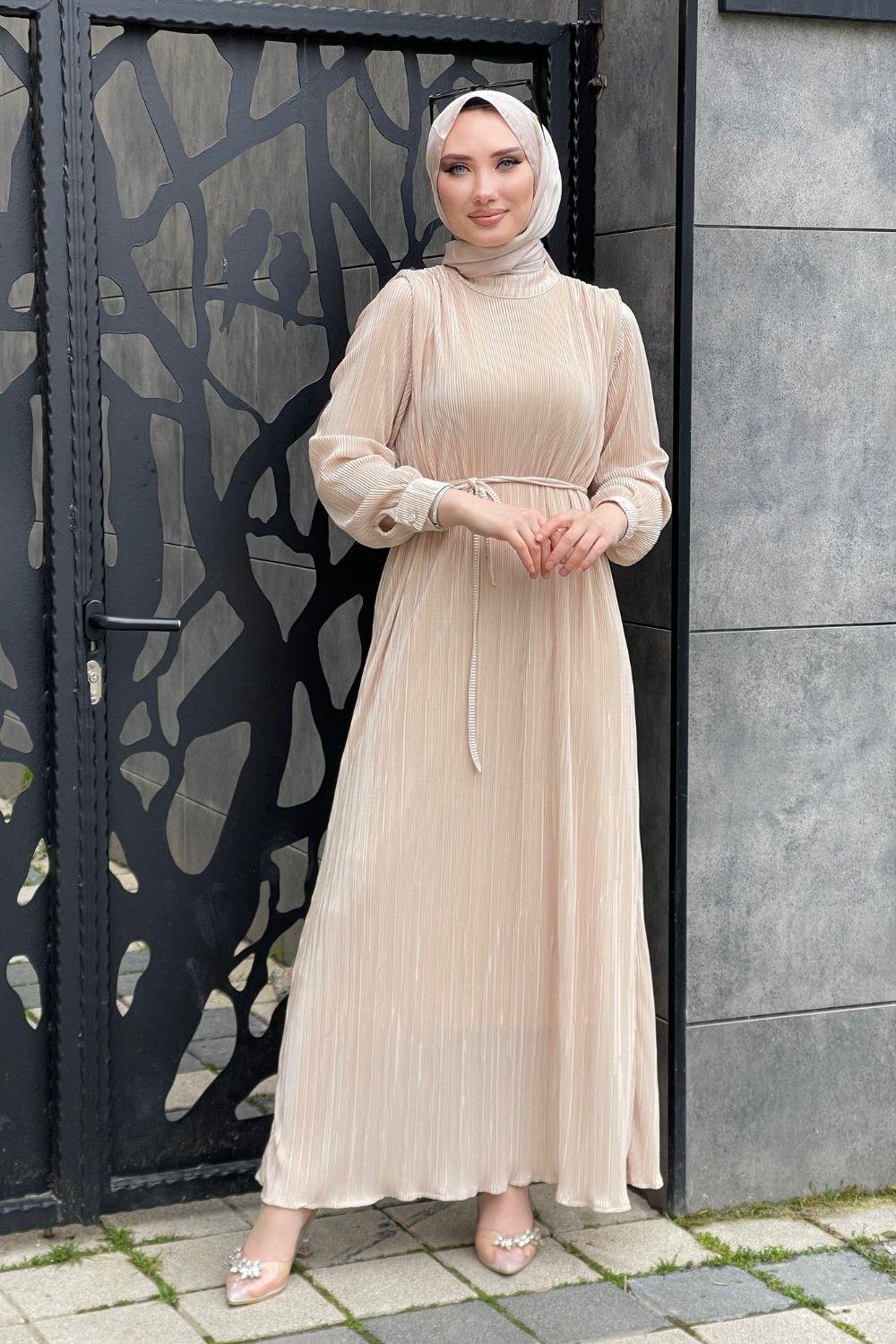Boydan Piliseli Taşlı Kemerli Elbise Ekru – Şule Giyim | Tesettür Giyim