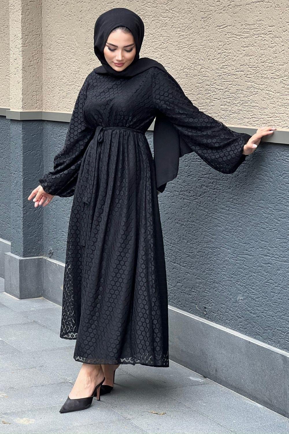 Güpür Detaylı Elbise Siyah – Şule Giyim | Tesettür Giyim