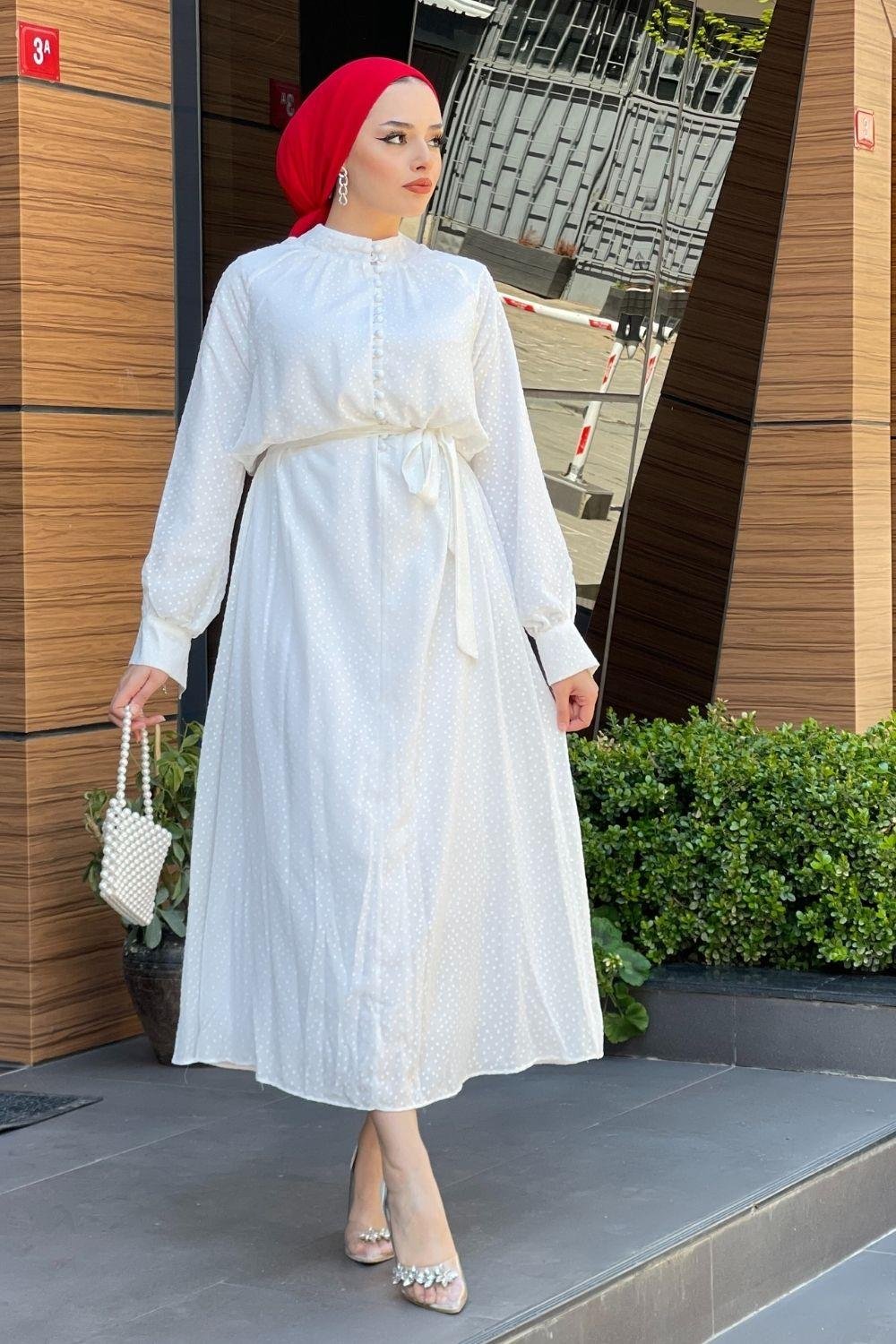 Önden Düğmeli Kuşaklı Elbise Beyaz – Şule Giyim | Tesettür Giyim
