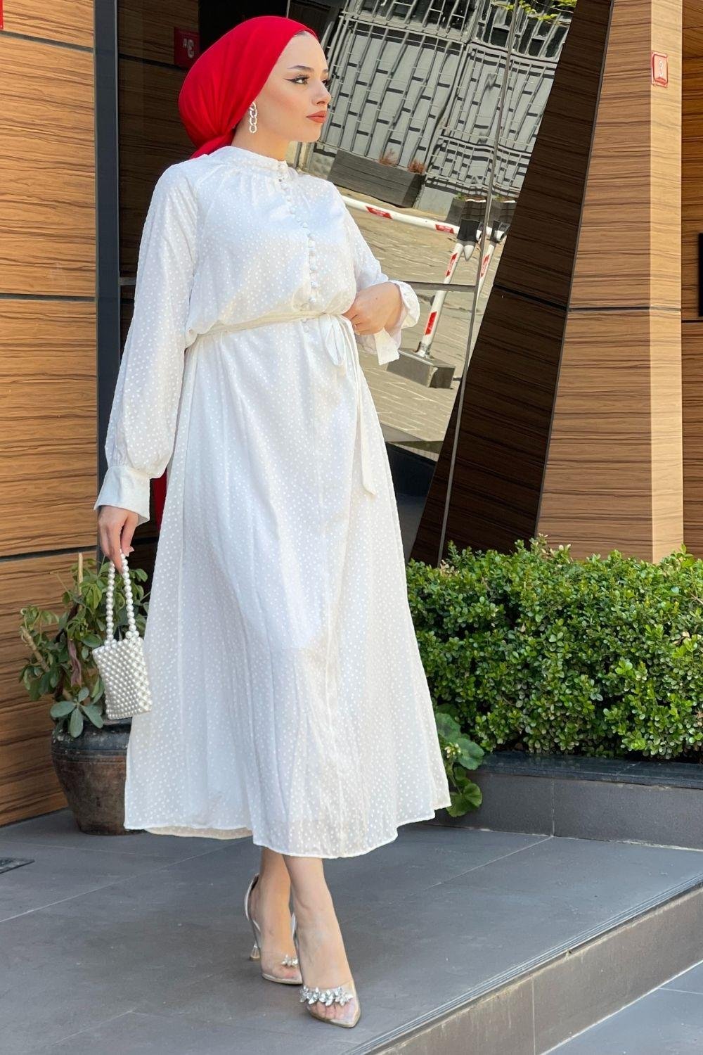 Önden Düğmeli Kuşaklı Elbise Beyaz – Şule Giyim | Tesettür Giyim