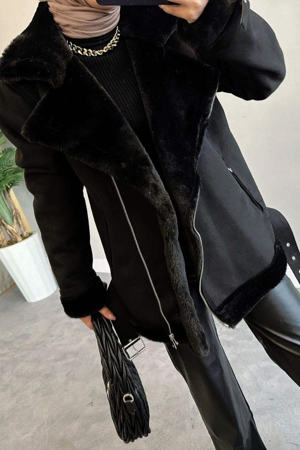Kemerli Nubuk Ceket Siyah – Şule Giyim | Tesettür Giyim