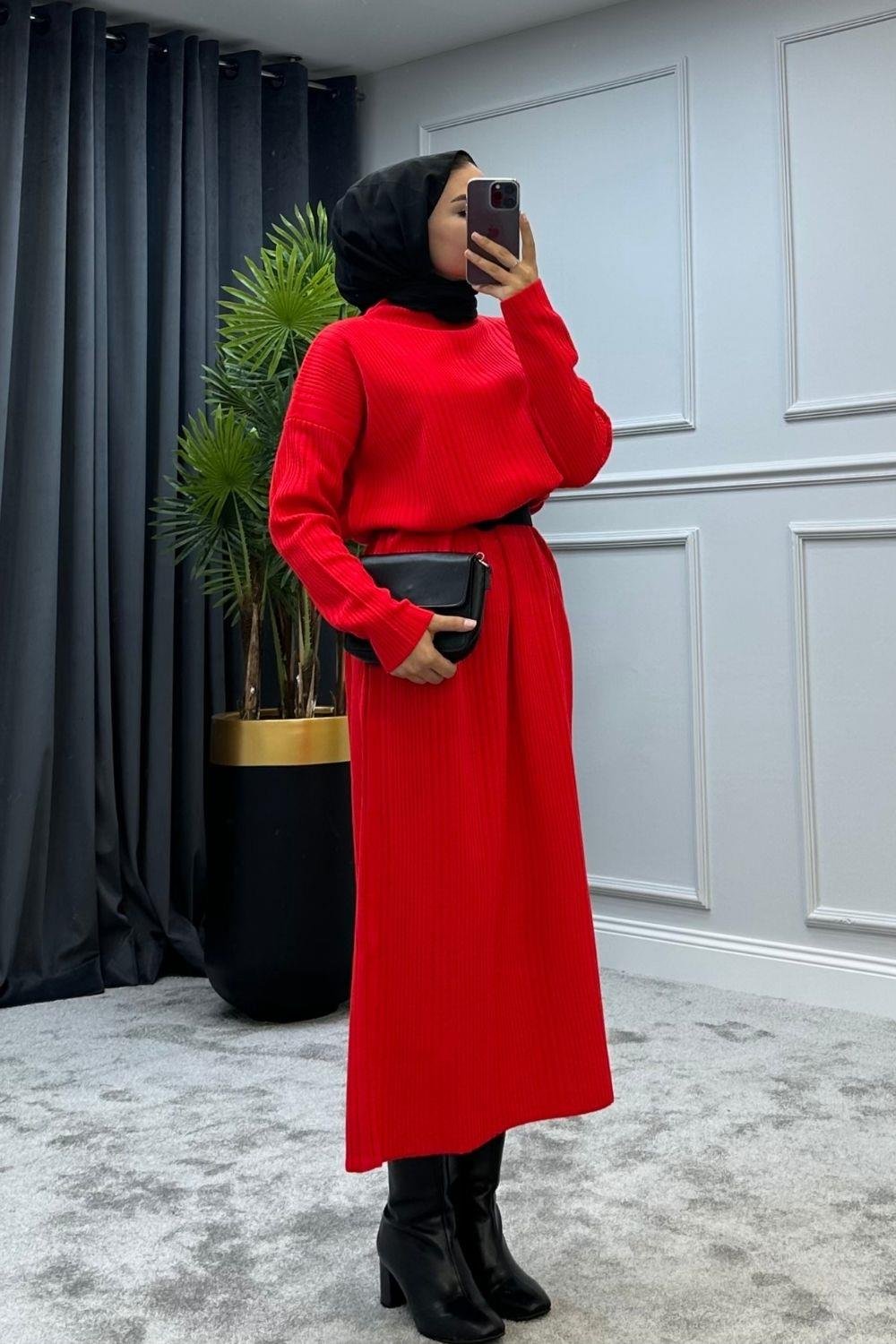 Fitilli Triko Elbise Kırmızı – Şule Giyim | Tesettür Giyim