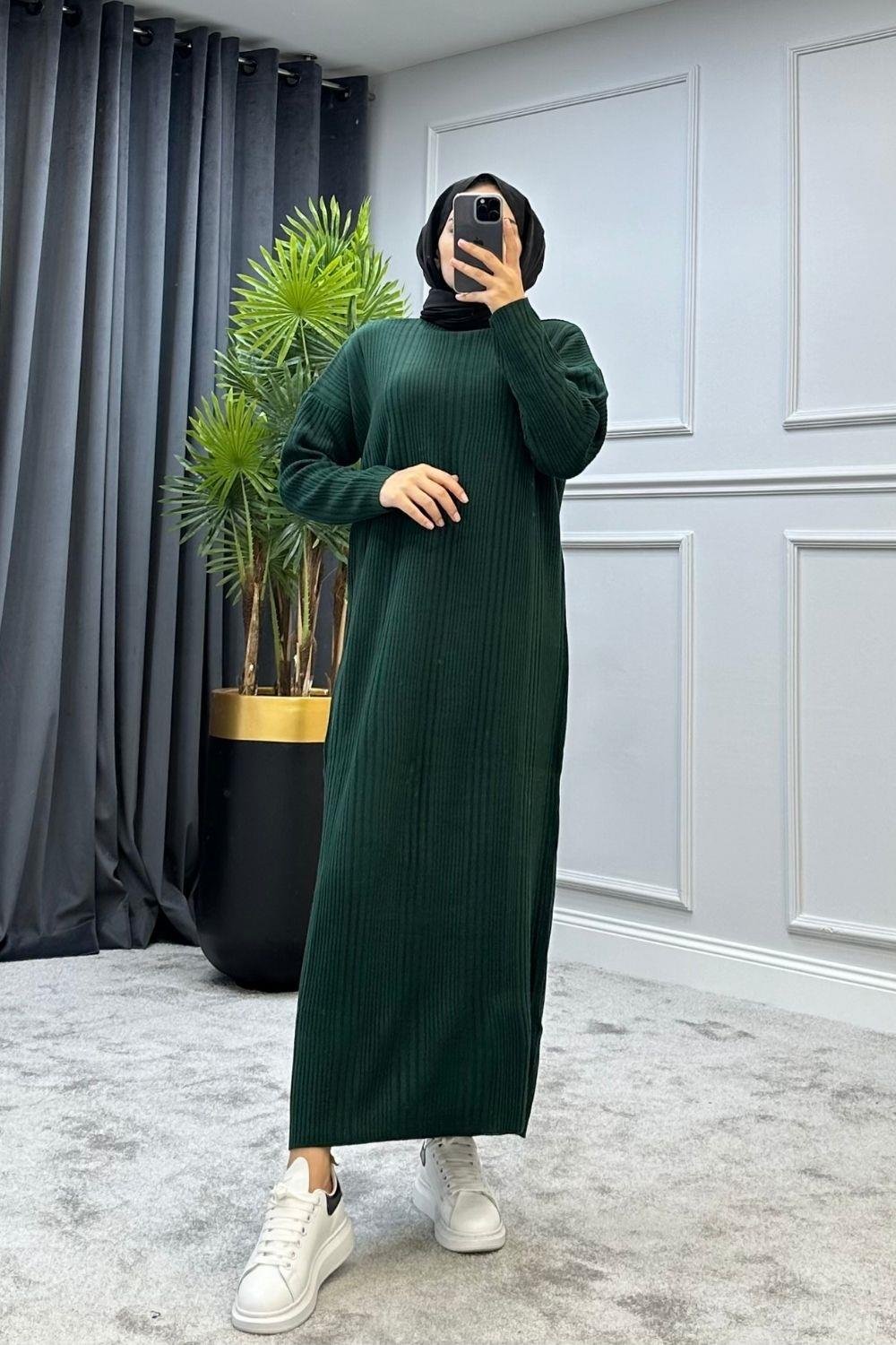 Şule Giyim | Tesettür Giyim | Fitilli Triko Elbise Yeşil