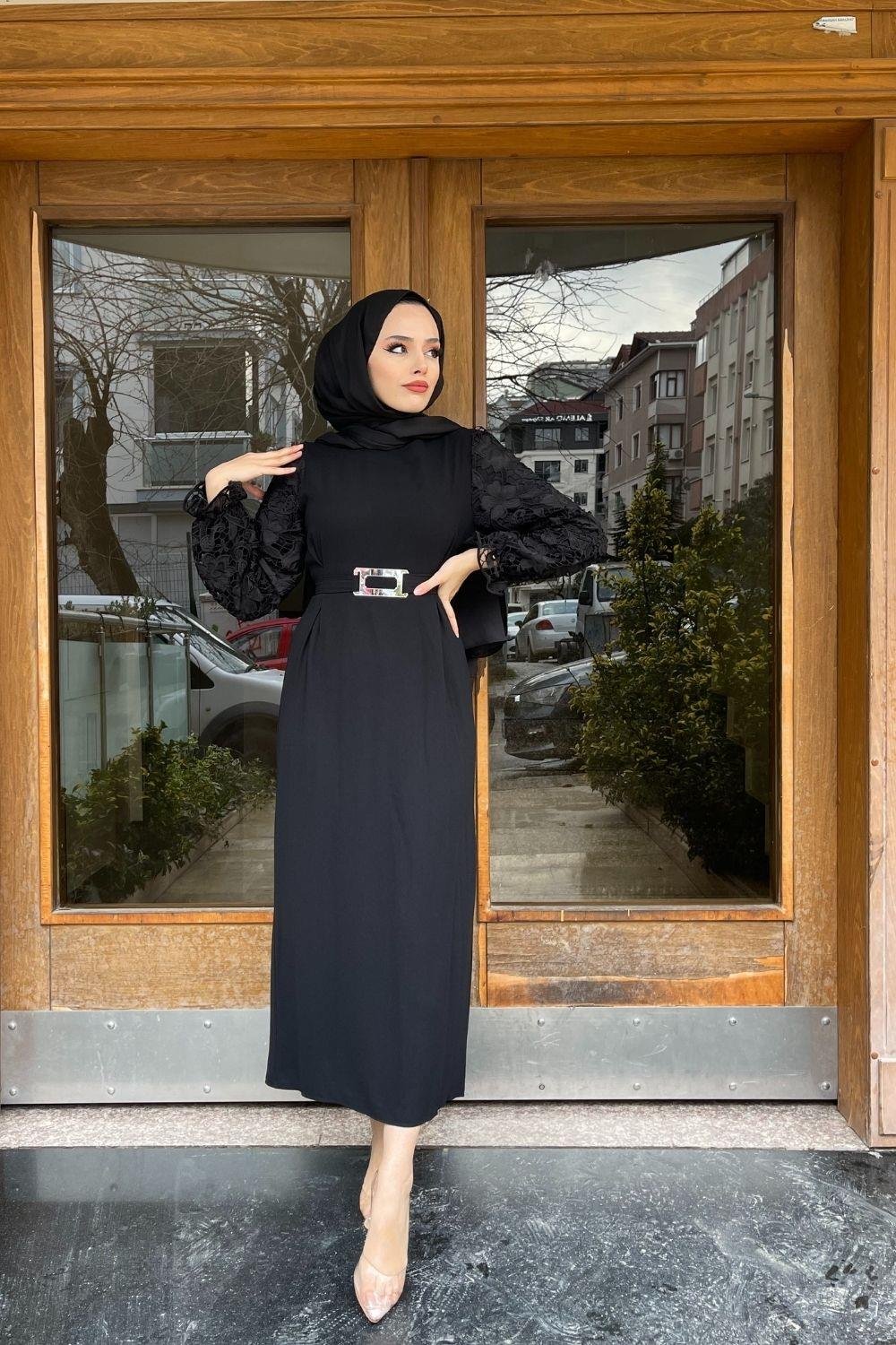 Kolları Dantelli Krep Elbise Siyah – Şule Giyim | Tesettür Giyim
