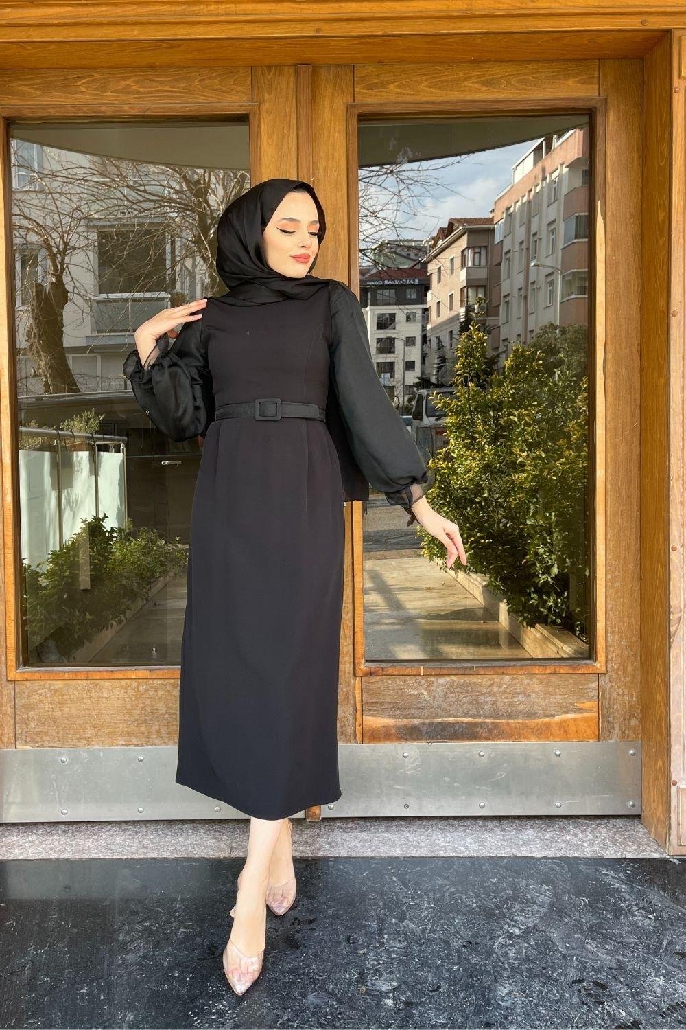 Organize Tül Kemerli Kalem Elbise Siyah – Şule Giyim | Tesettür Giyim
