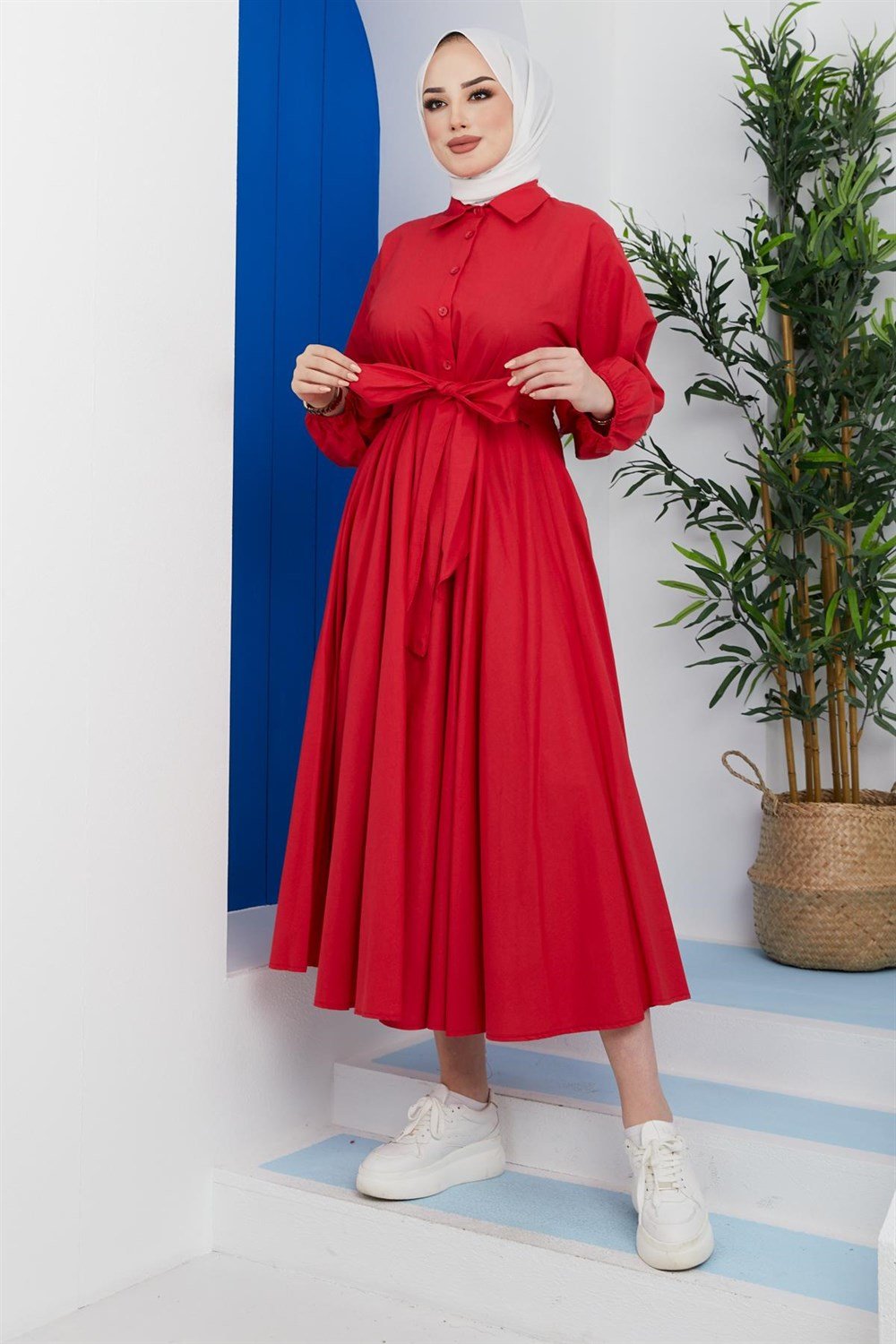 Kendinden Kemerli Tesettür Elbise Kırmızı – Şule Giyim | Tesettür Giyim