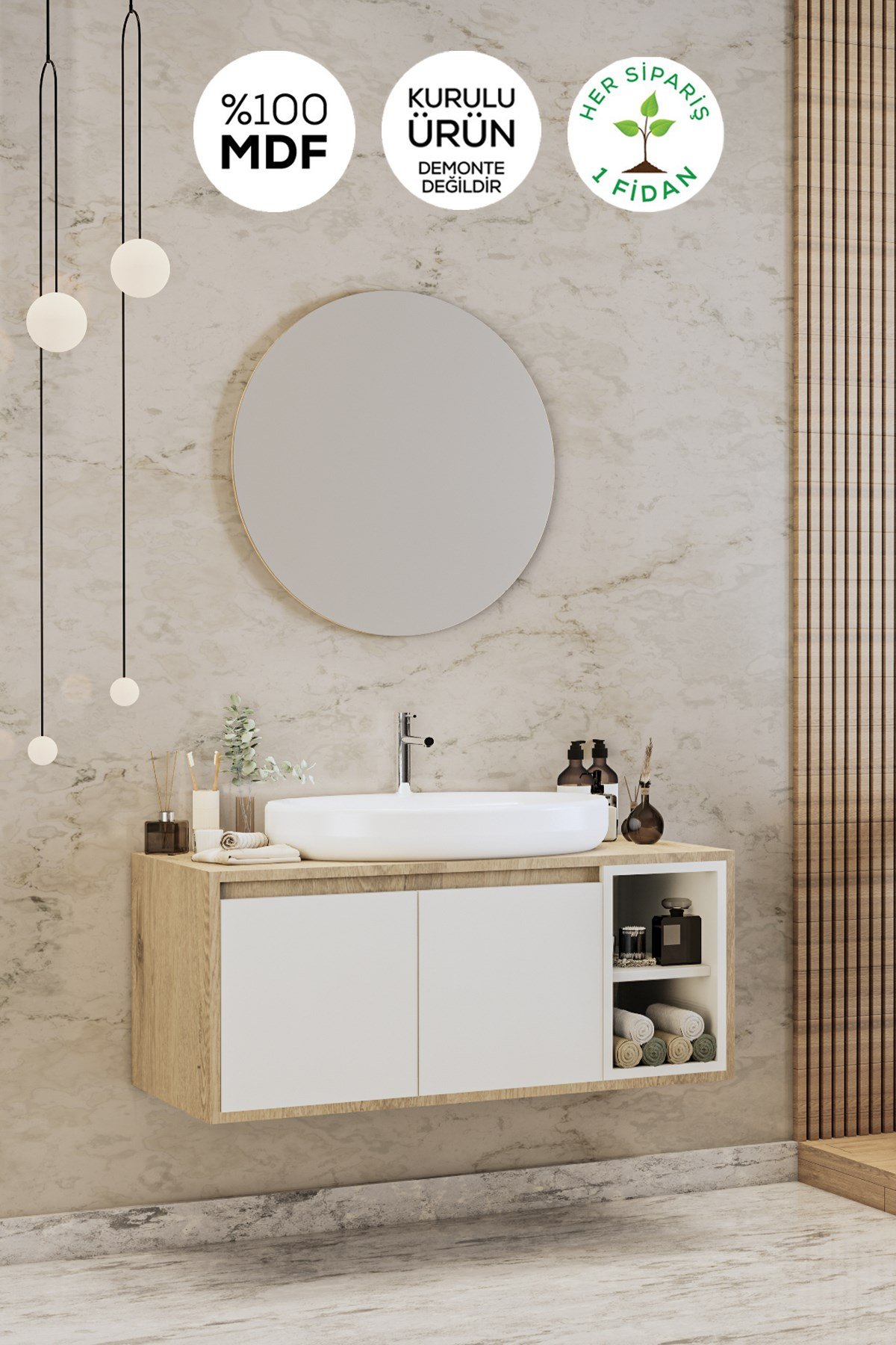 Balneom Banyo Gül Beyaz 90 Cm Banyo Dolabı Ayna Lavabo - Balneom
