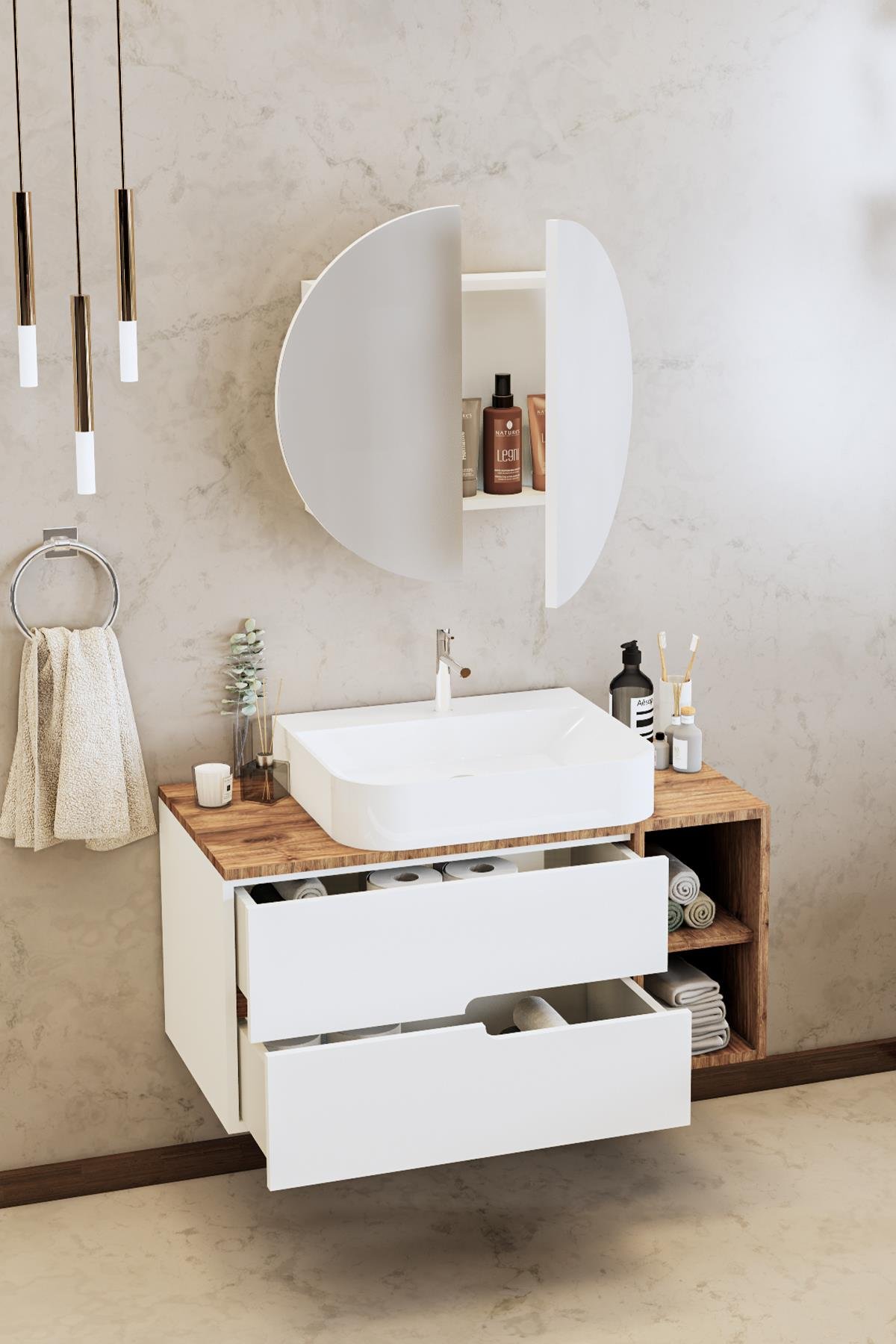 Balneom Banyo Koza 90 Cm Beyaz Banyo Dolabı Aynalı Dolaplı Üst Dolap Raf ve  Lavabo - Balneom