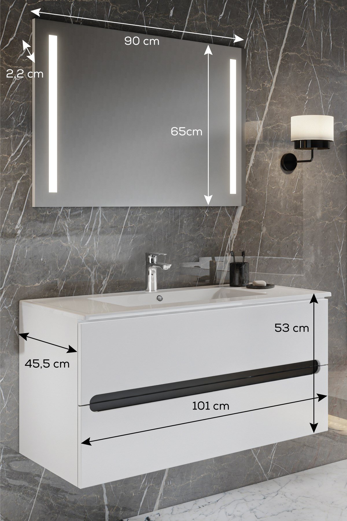 Banyo Kadife Beyaz Parlak Hıgh Gloss 100 Cm Banyo Dolabı Led Işıklı Aynalı  Üst Dolap - Balneom