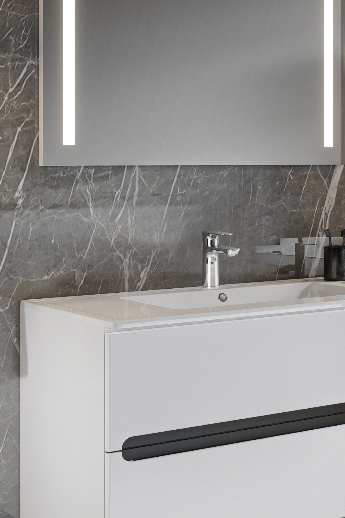 Banyo Kadife Beyaz Parlak High Gloss 80 Cm Banyo Dolabı Led Işıklı Aynalı  Üst Dolap - Balneom