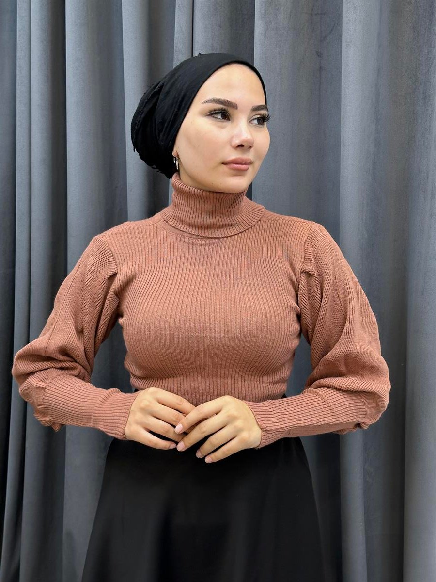 Balon Kol Balıkçı Triko Kazak GülKurusu