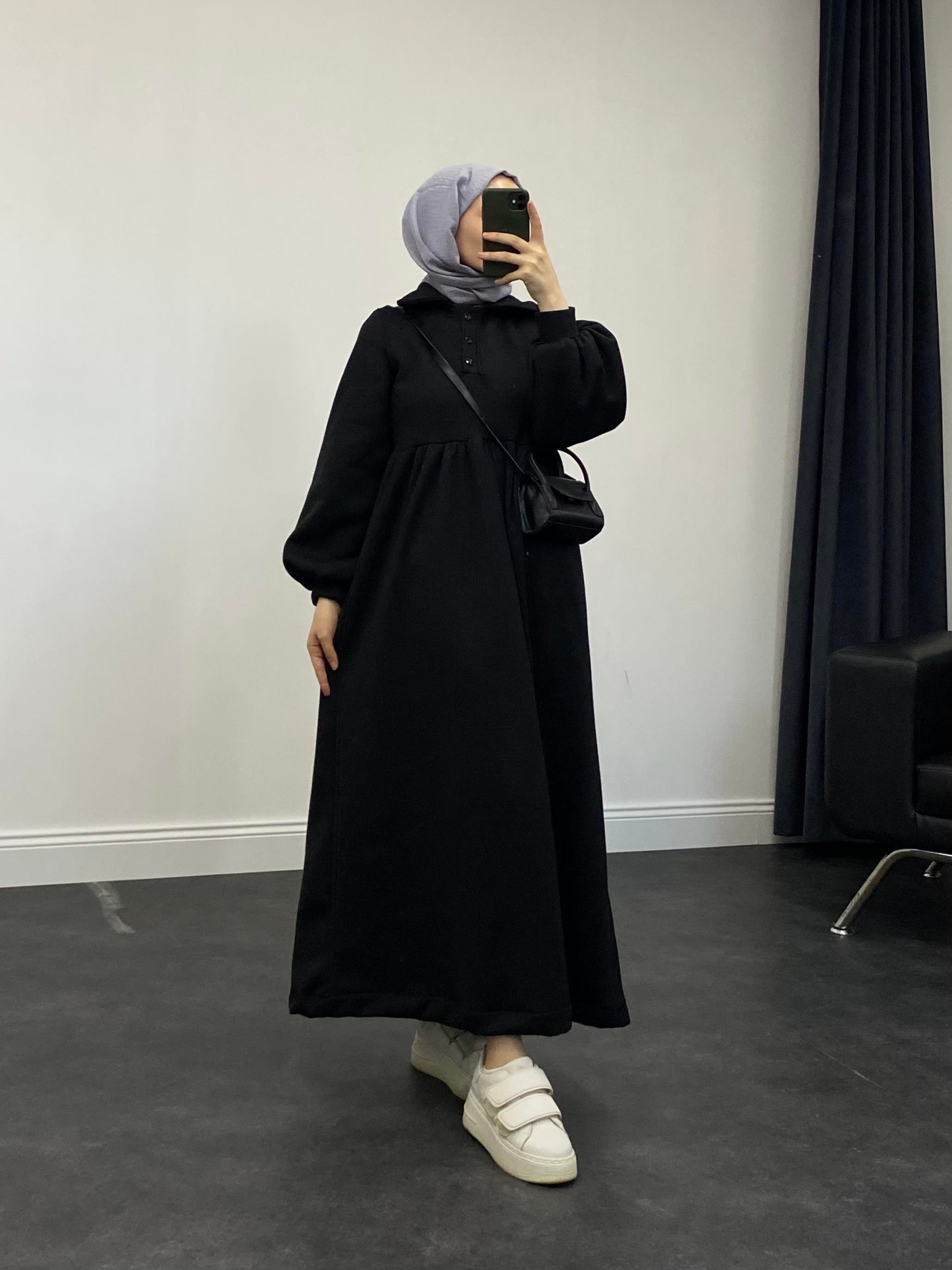 Pera Önü Düğmeli Sweat Elbise Siyah