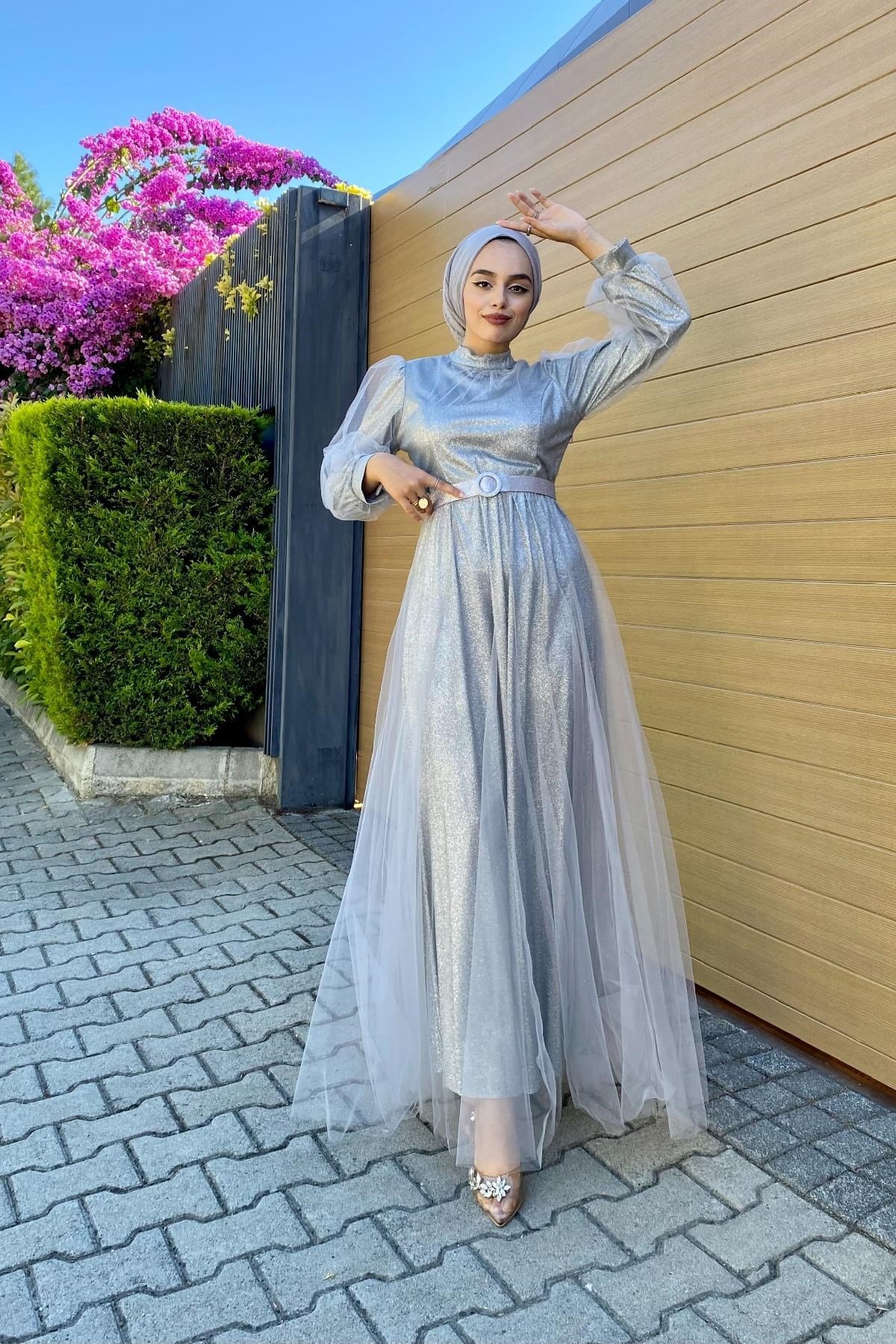 Simli Kemerli Tül Abiye Gri