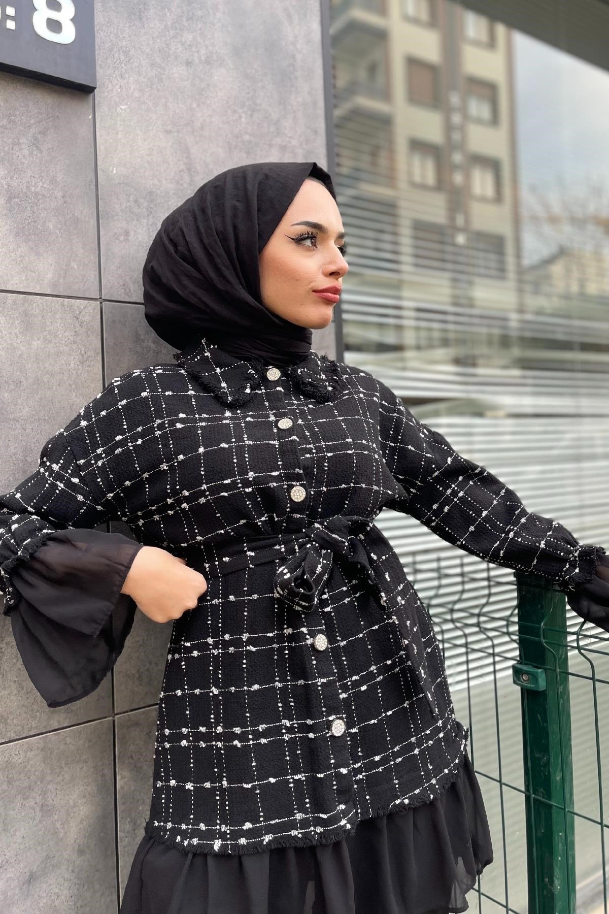 Tüvit Ceket Altı Tül Detaylı Takım Siyah – Merven Akyüz | Tesettür Giyim