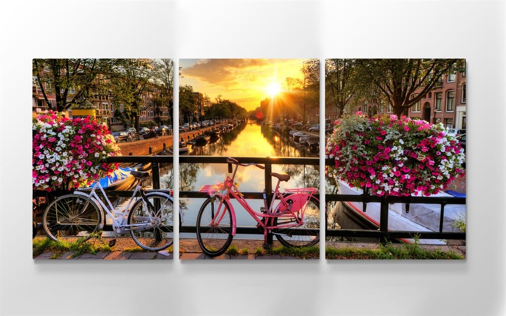 Bisiklet ve Çiçekli Manzara Amsterdam Resimli Kanvas Tablo 3 Parçalı •  Meteor Galeri