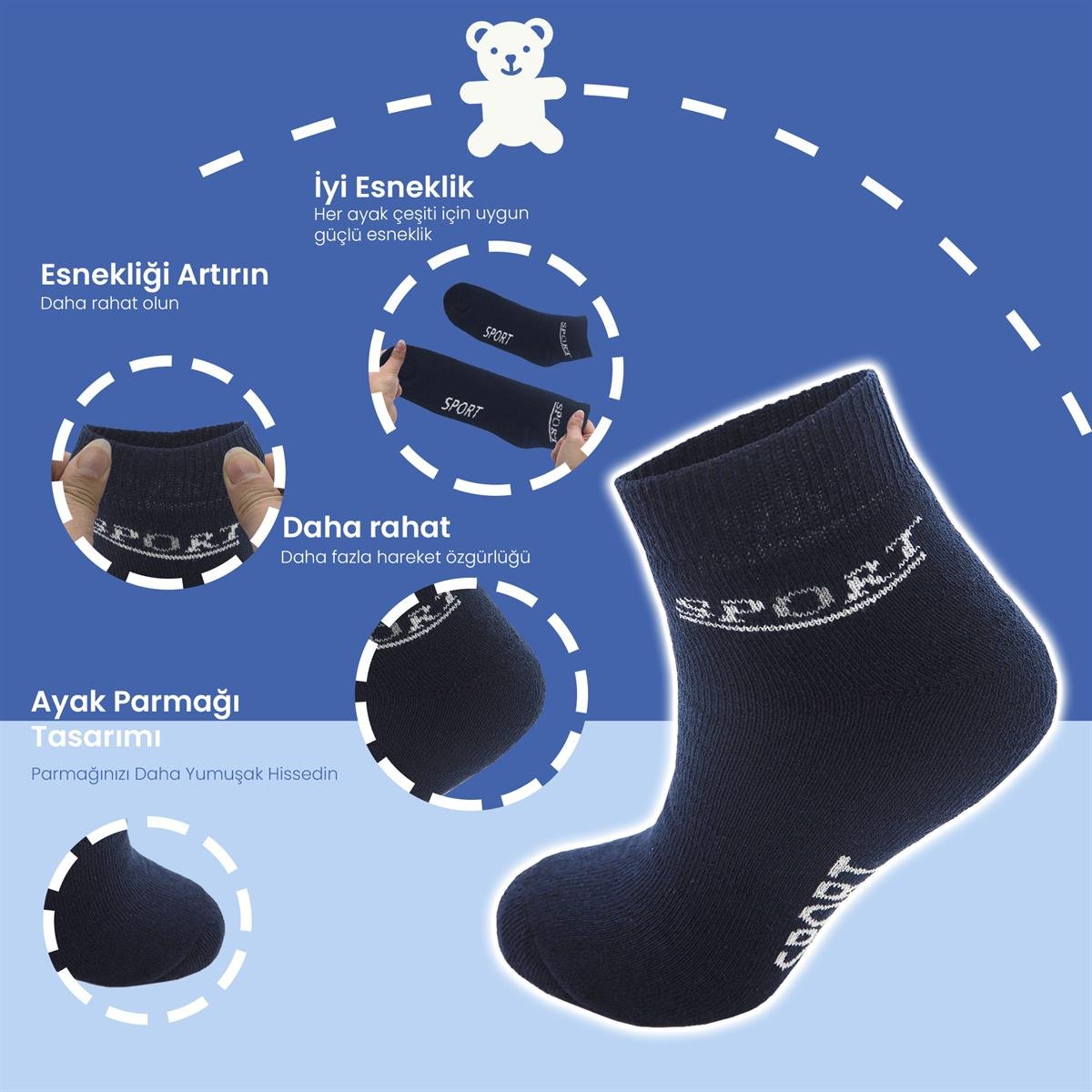 Black Arden Socks - Sport Desenli 14-15 Yaş Erkek Havlu Patik Çorap 2 Çift