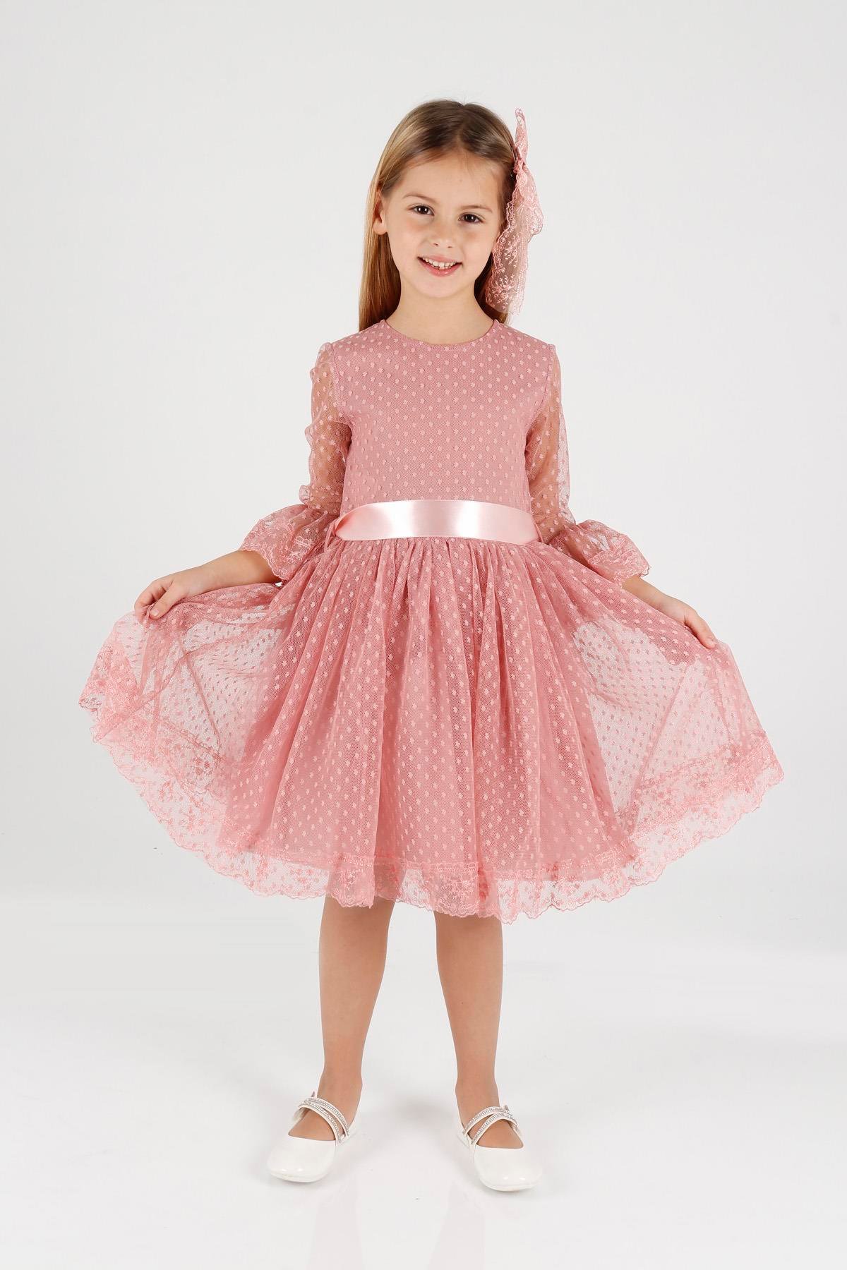 Ahengim Kız Çocuk Elbise Kız Çocuk Tokalı Elbise Kız Elbise Tül Dantel  Elbise Ak2209 - Ahengim - Online Giyim Mağazası