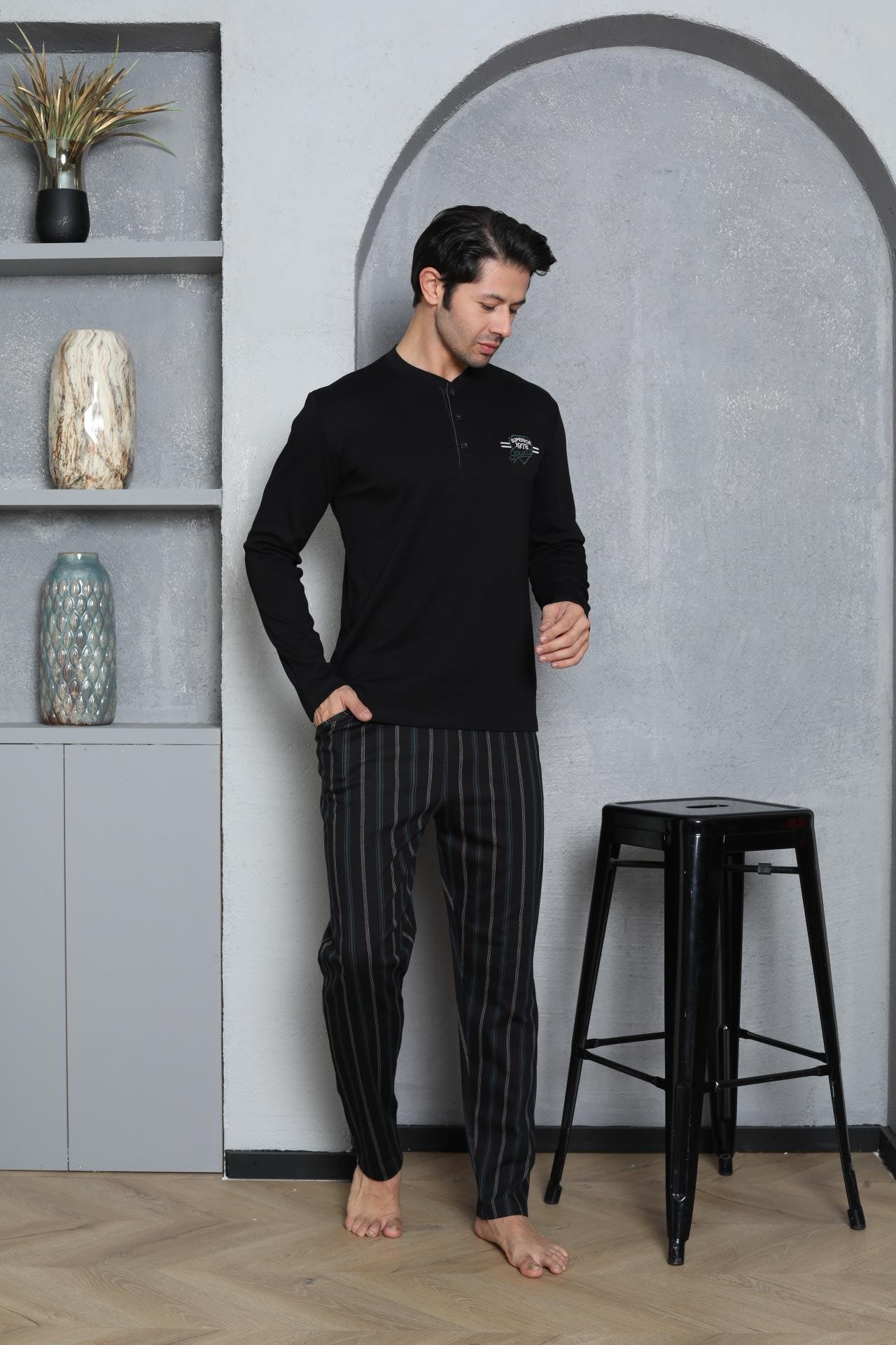 Ahengim Erkek Pijama Takımı İnterlok Altı Çizgili Pamuklu Mevsimlik  M70102272 - Ahengim - Online Giyim Mağazası