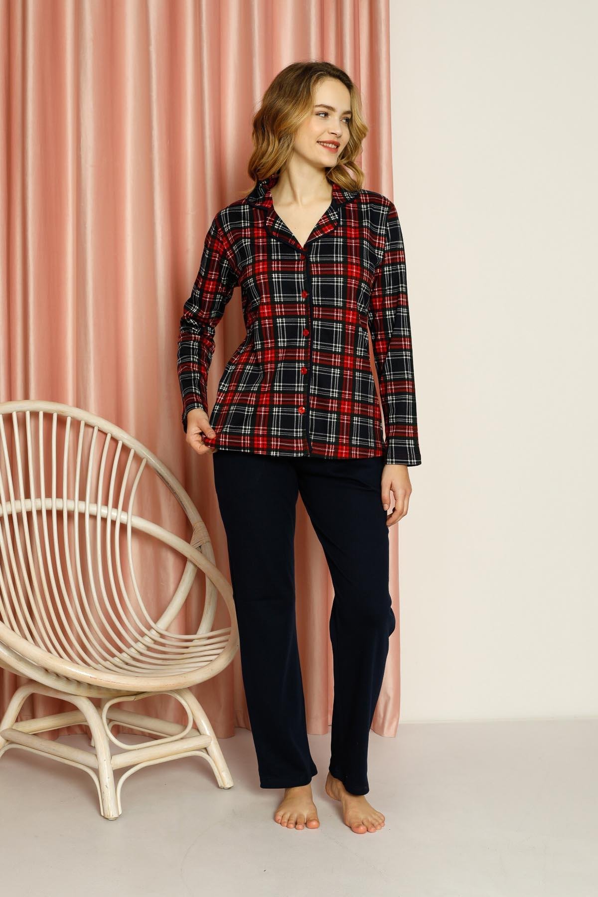 Ahengim Kadın Pijama Takımı Ekose Boydan Düğmeli Üst Desenli Altı Düz  Pamuklu Mevsimlik W20502277 - Ahengim - Online Giyim Mağazası
