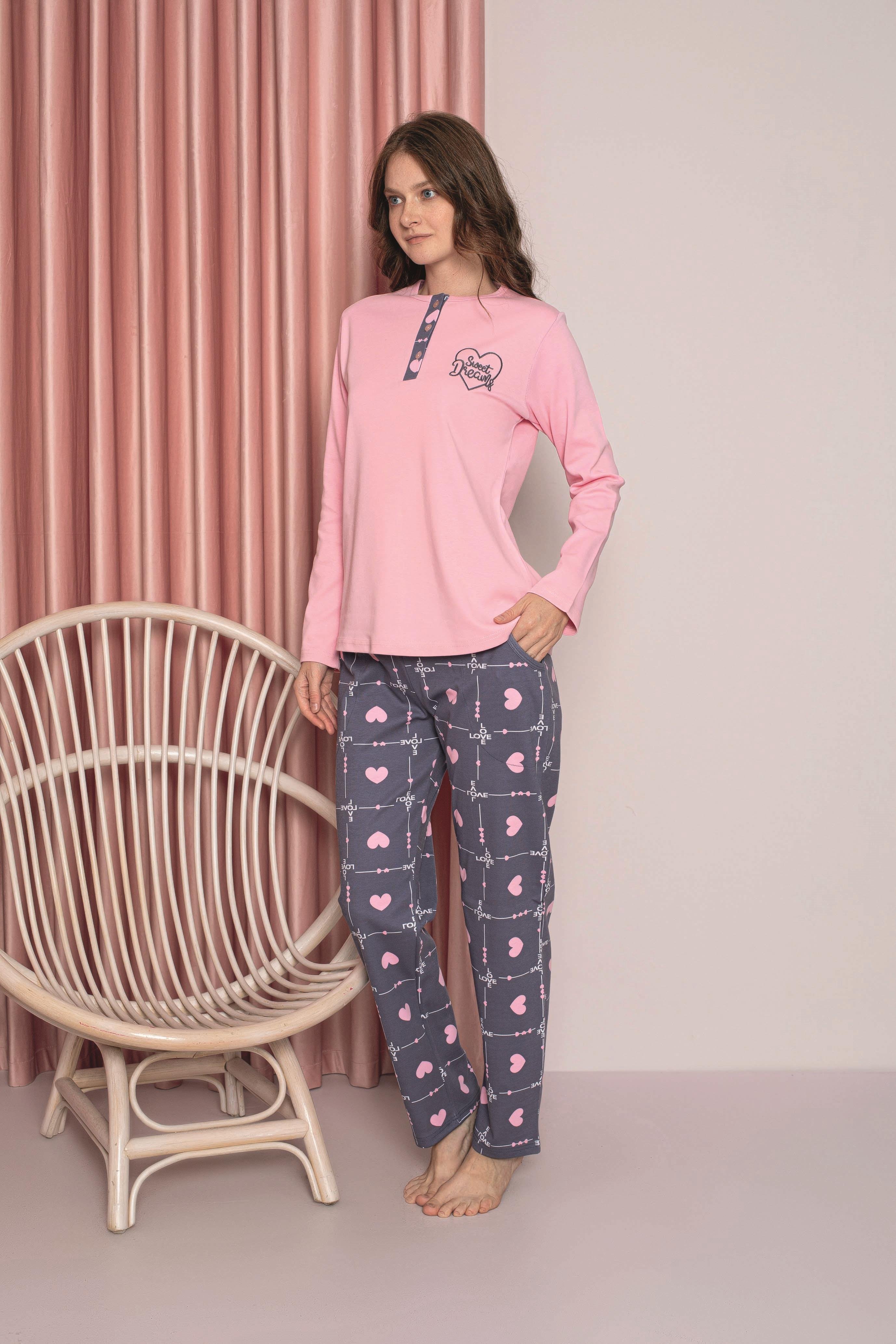 Ahengim Kadın Pijama Takımı Genç İnterlok Kalpli Ekose Pamuklu Mevsimlik  W20372246 - Ahengim - Online Giyim Mağazası