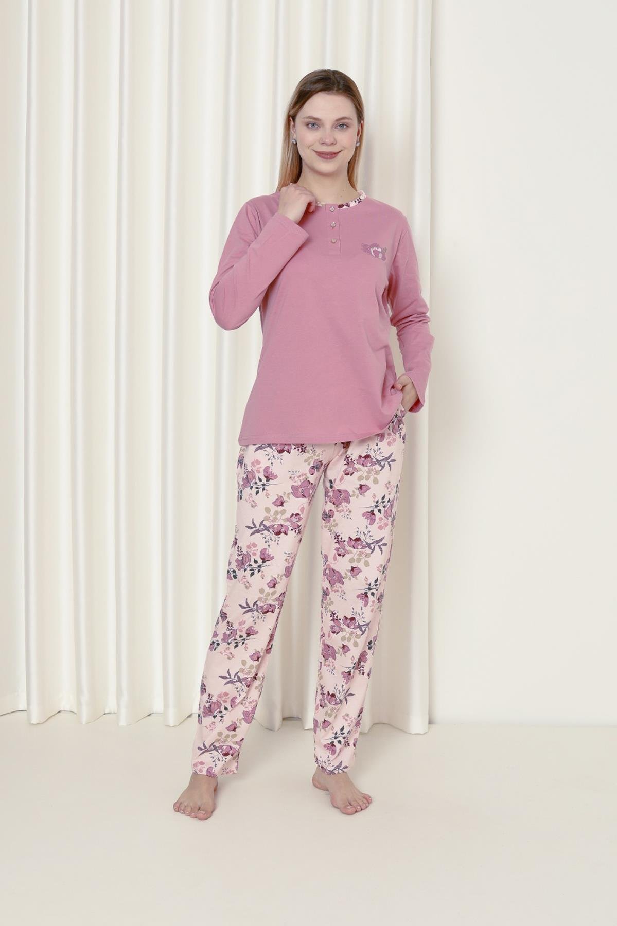 Ahengim Kadın Pijama Takımı Süprem Uzun Kol Çiçekli Pamuklu Mevsimlik