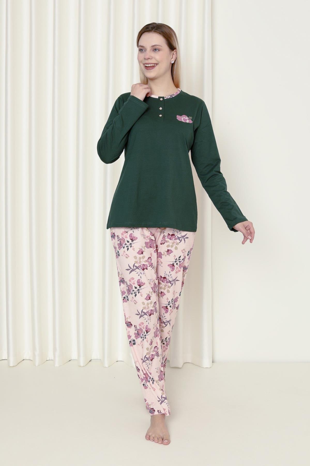 Kadın Pijama Takımı Süprem Uzun Kol Çiçekli Pamuklu Mevsimlik W20242241 -  Ahengim - Online Giyim Mağazası