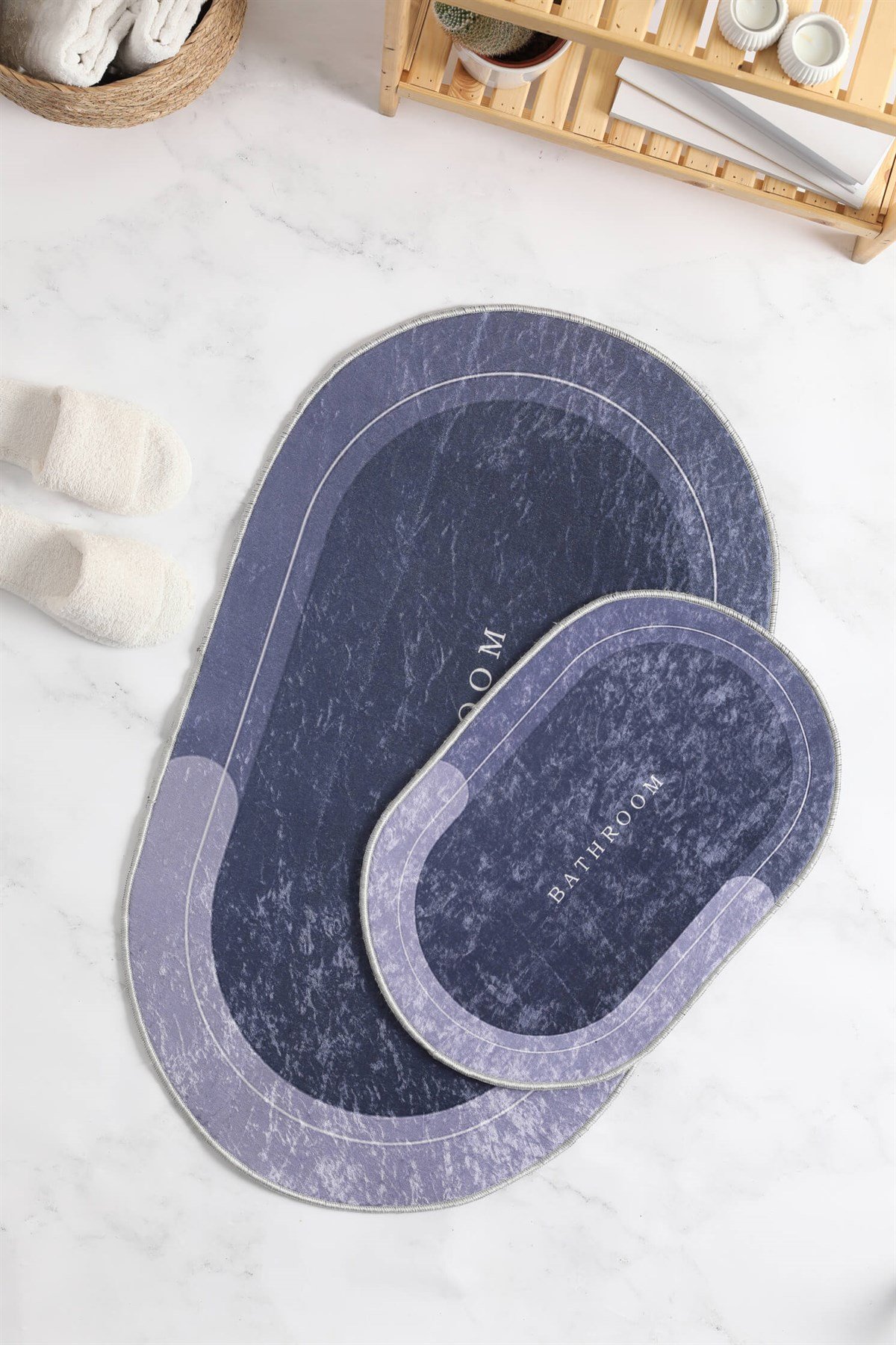 Dijital Baskı Bathroom Yazılı Oval Yıkanabilir Kaydırmaz 2li Banyo Paspas  Takımı | Favora Home
