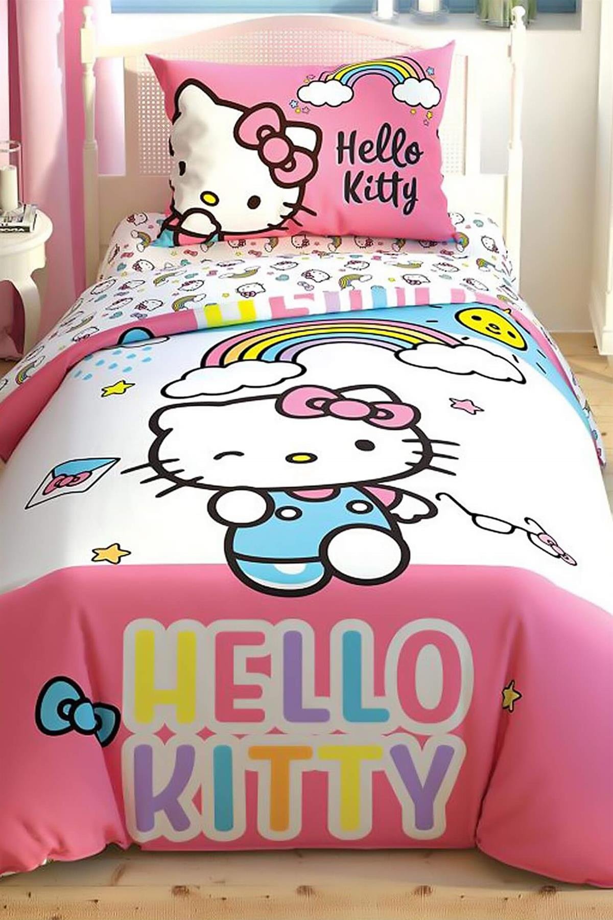 Taç Lisanslı Hello Kitty Rainbow Tek Kişilik Nevresim Takımı | Favora Home