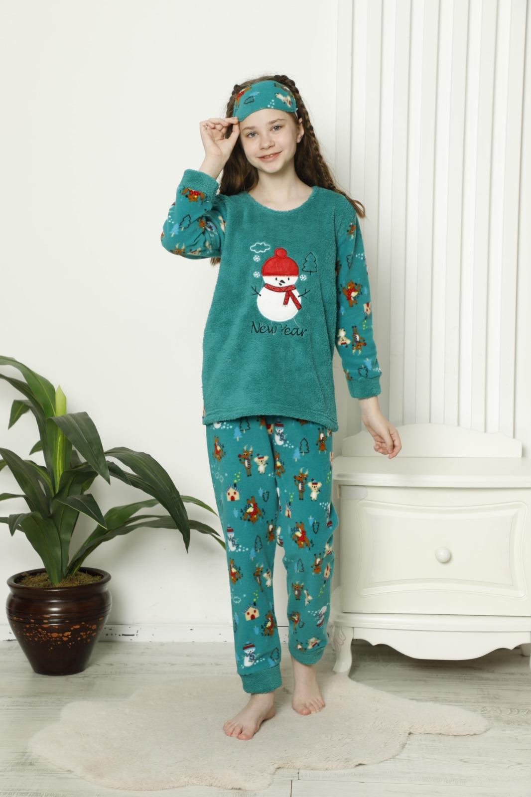 9 - 16 Yaş Yılbaşı Konseptli Polar Kız Çocuk Pijama Takımı