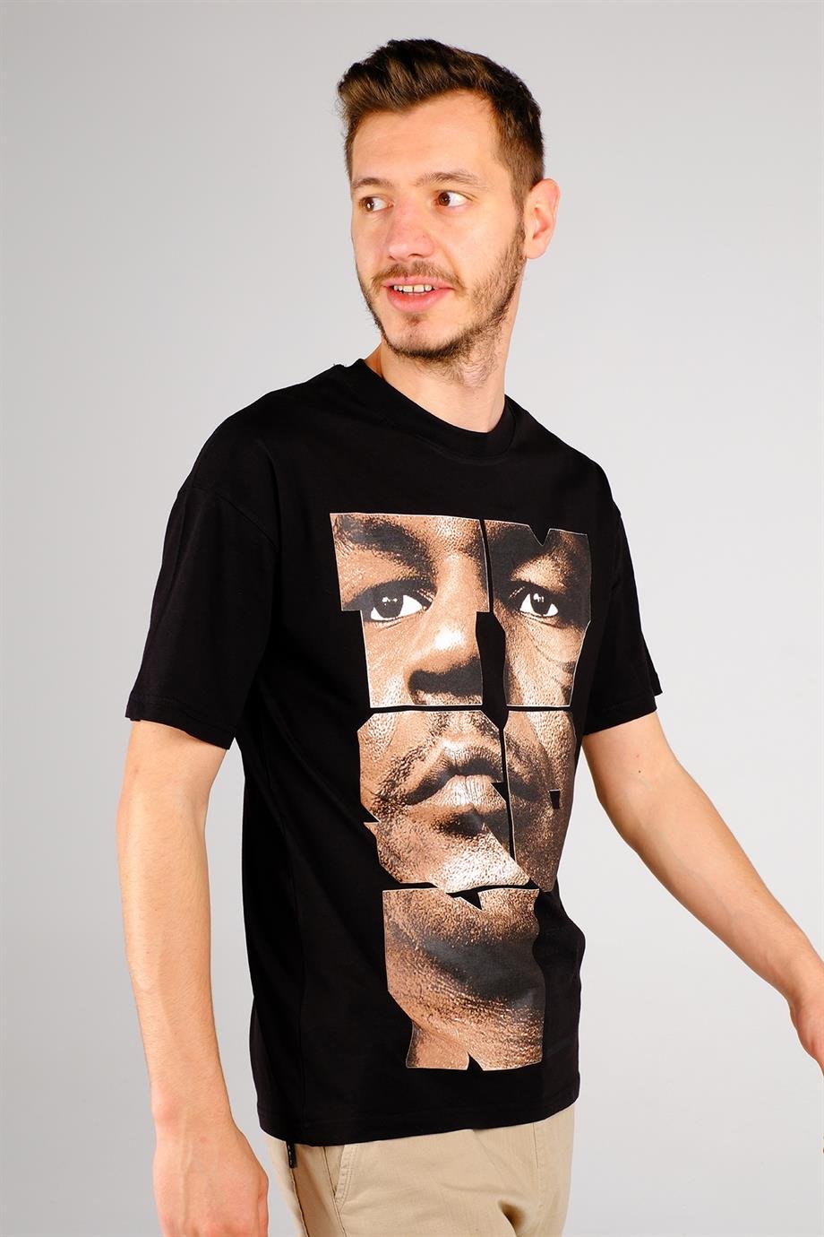 Erkek Mike Tyson Baskılı T-Shirt Siyah