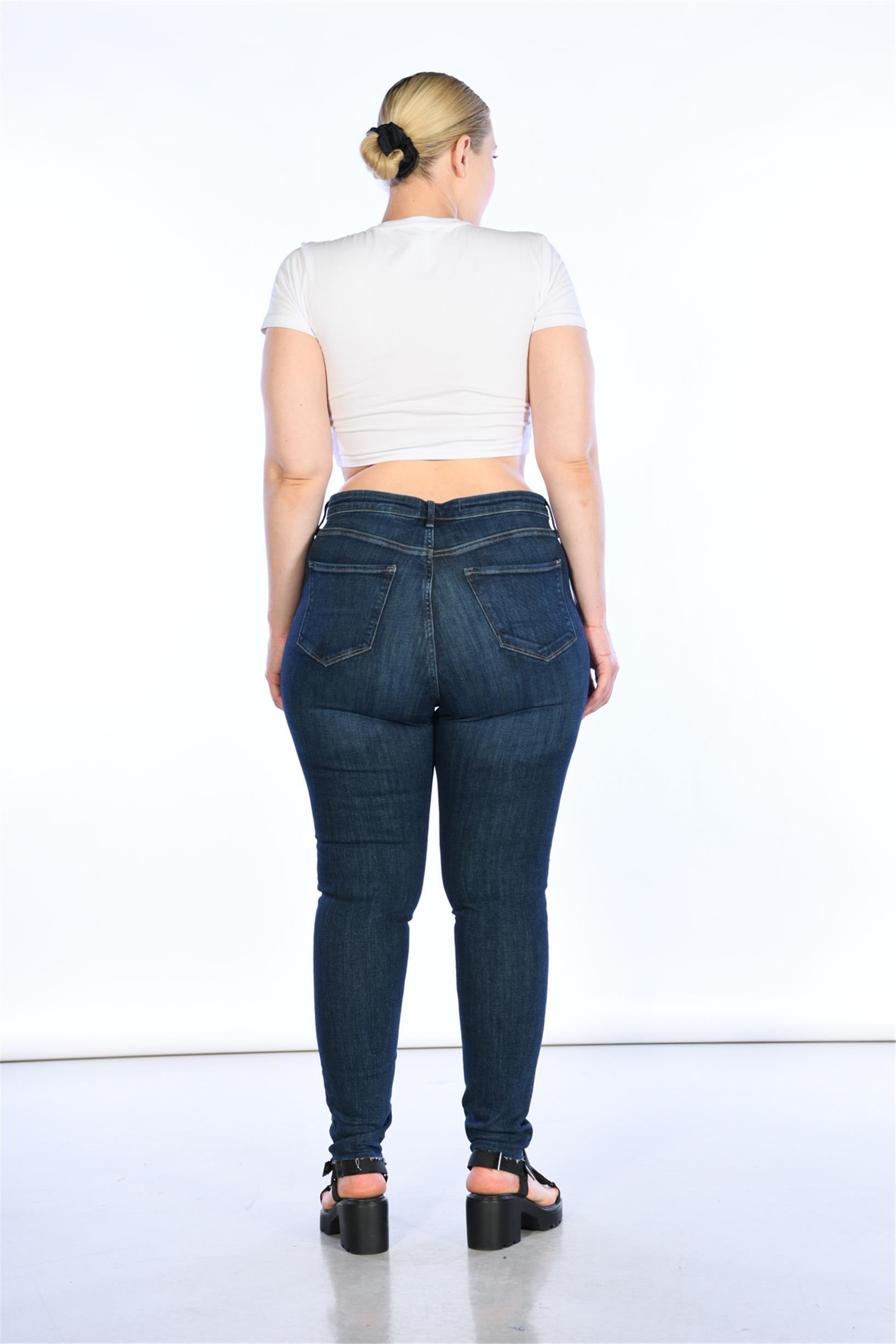 Büyük Beden Koyu Lacivert Yüksek Bel Kesik Paça Detaylı Skinny Jeans - BPF