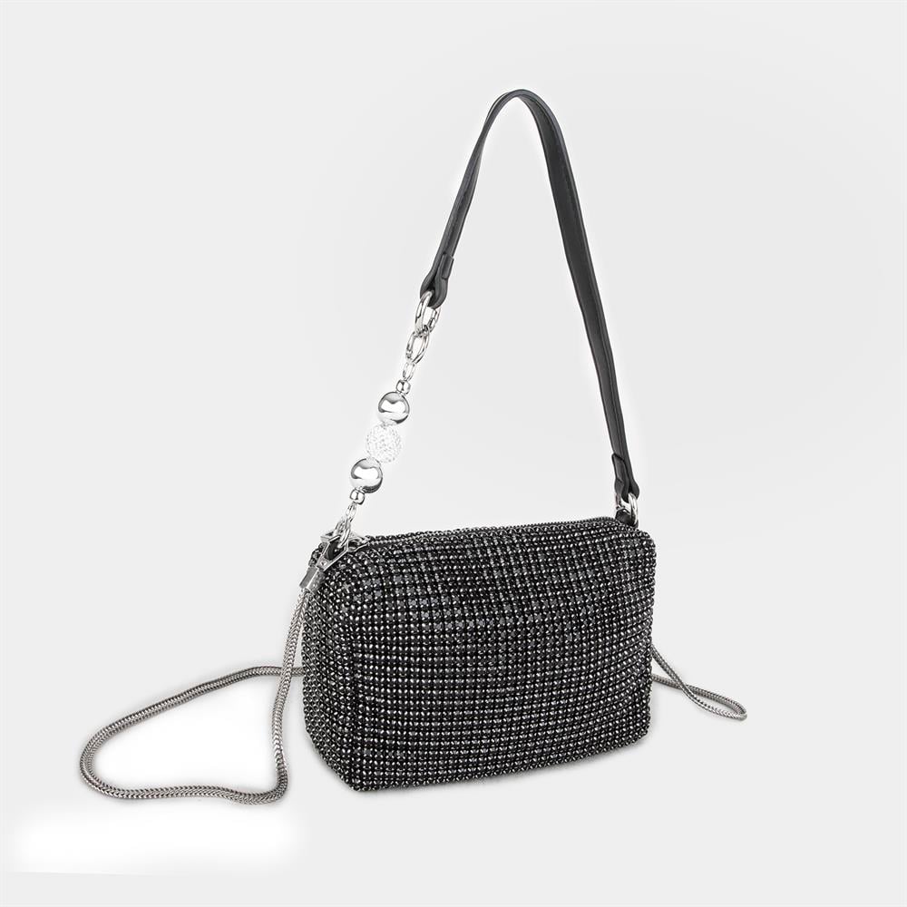 Nas Bag Kadın Çapraz Çanta Diamond Serisi Gümüş Zincir Detaylı Şık Çanta  Siyah Nas Bag