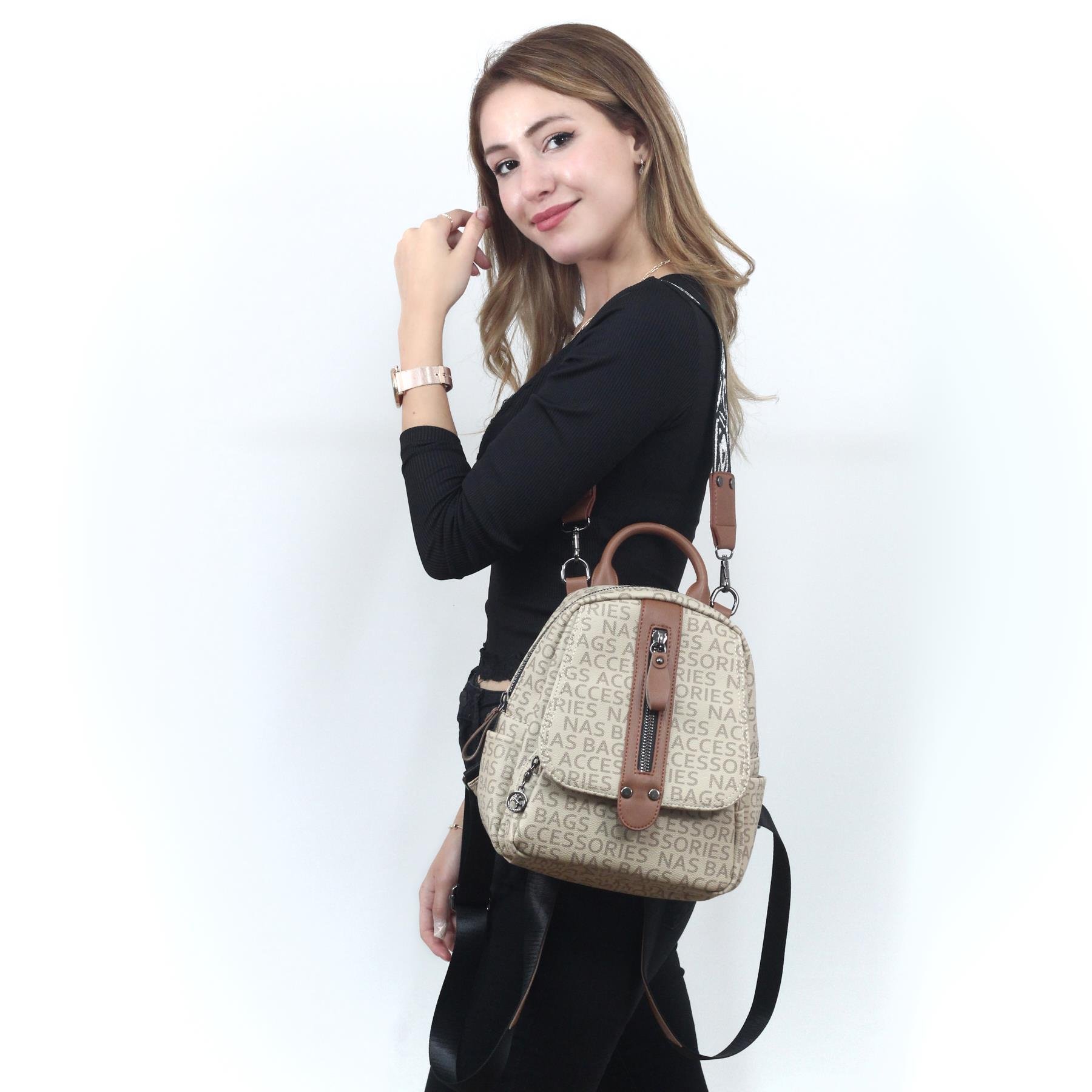 Nas Bag Kadın Sırt Çantası ve Omuz Çantası Dönüştürülebilir Tasarımlı Ürün  Vizon Taba YaziliNas Bag
