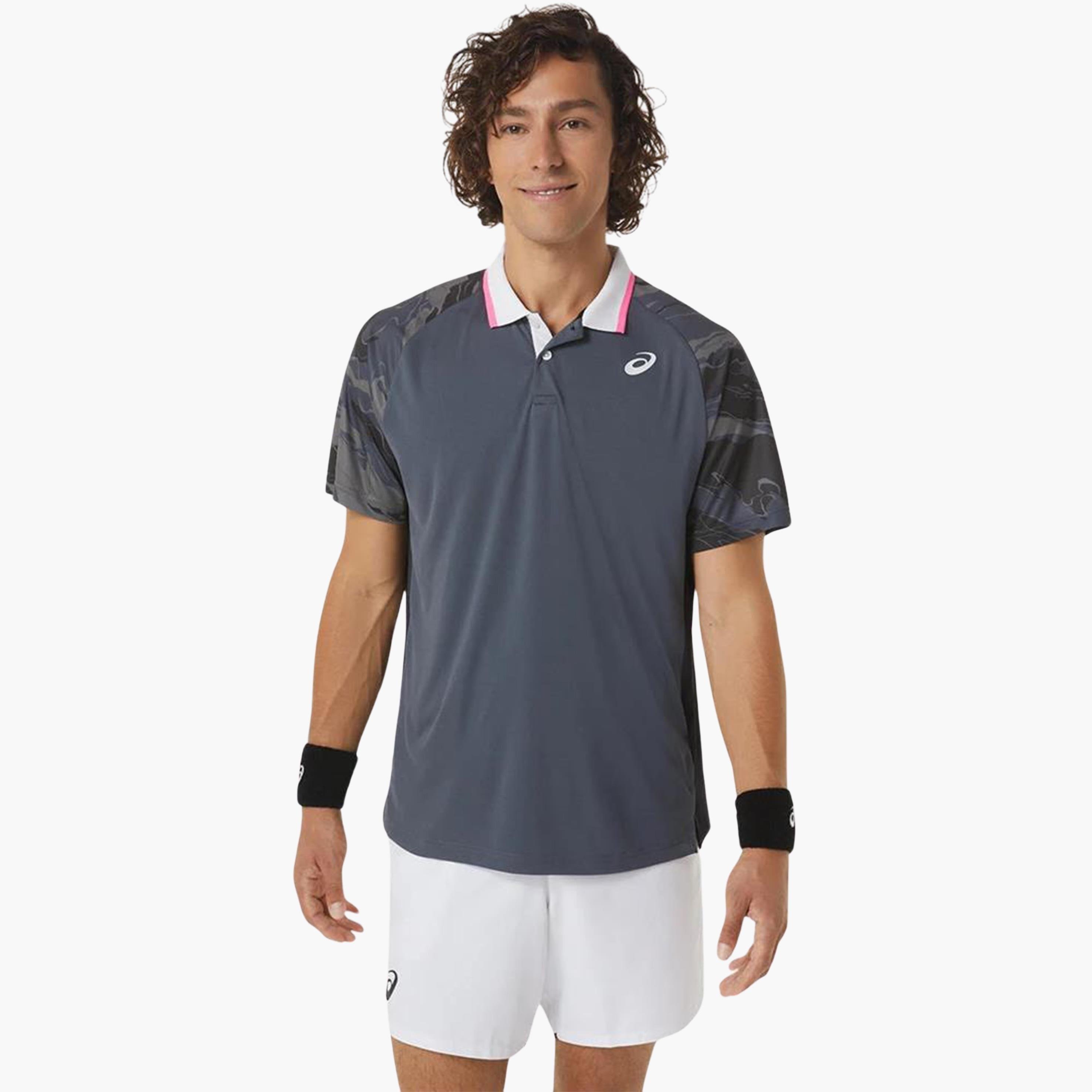 Asics Men Court Graphic Polo T Shirt Gri Yuxel