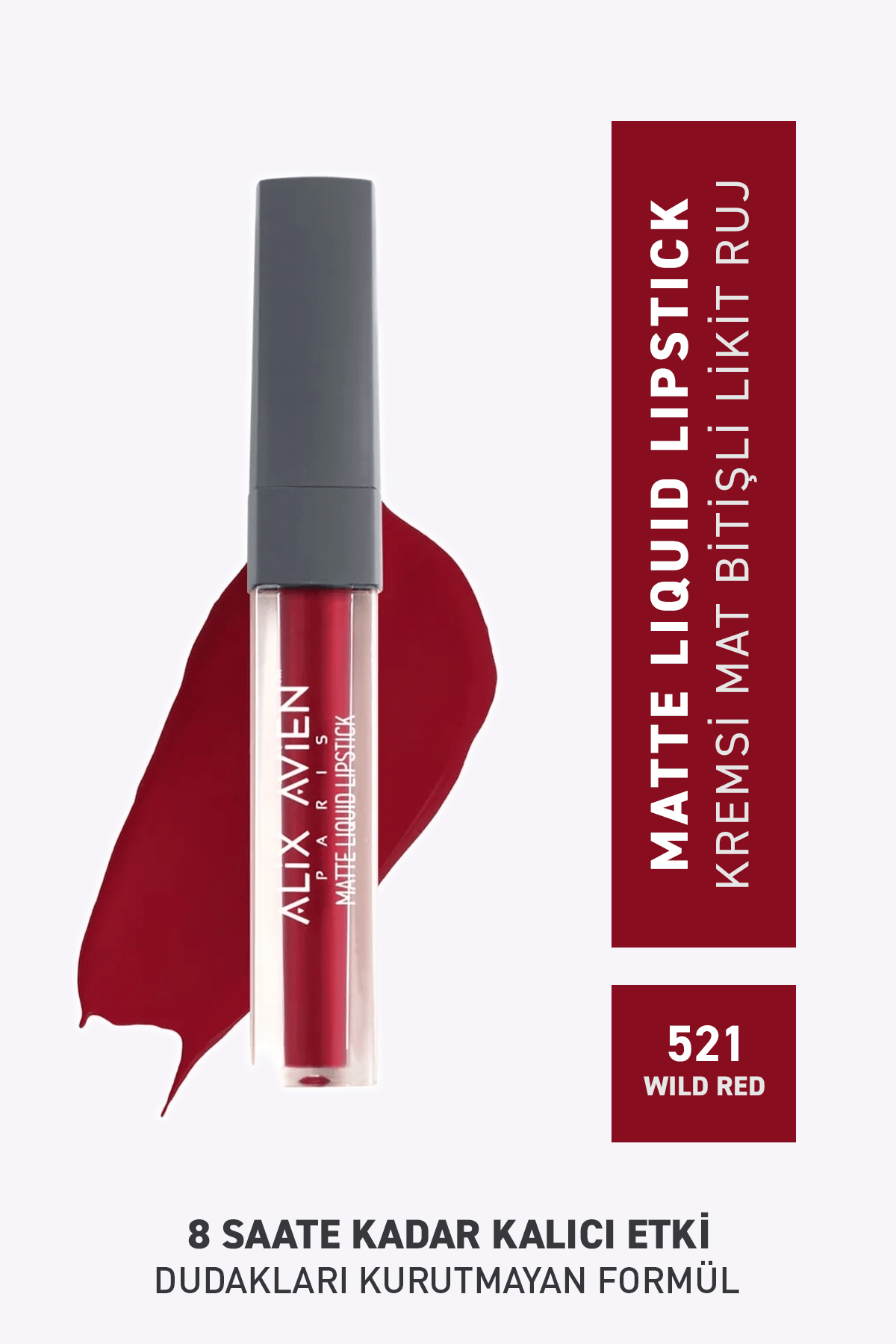 Mat Bitişli Likit Ruj - 8 Saate Kadar Kalıcı Etki - Matte Liquid Lipstick  521 Wild Red - Alix Avien