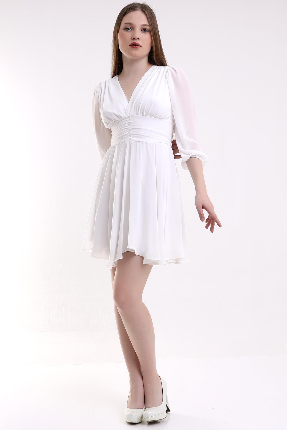 Beyaz Şifon Mini Abiye Elbise