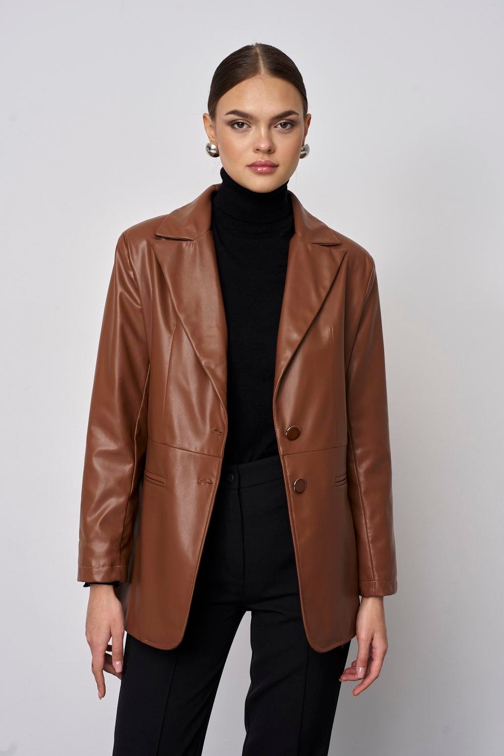 Suni Deri Blazer Kahverengi Kadın Ceket | Lathine