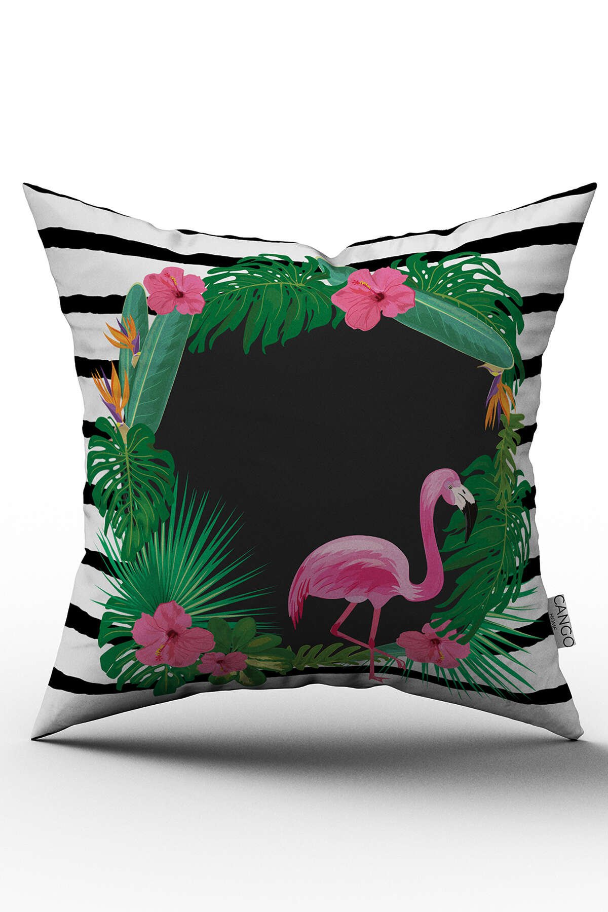 Siyah Beyaz Çizgili Tropikal Flamingo Desenli Dijital Baskılı Kırlent Kılıfı  - OTYK527