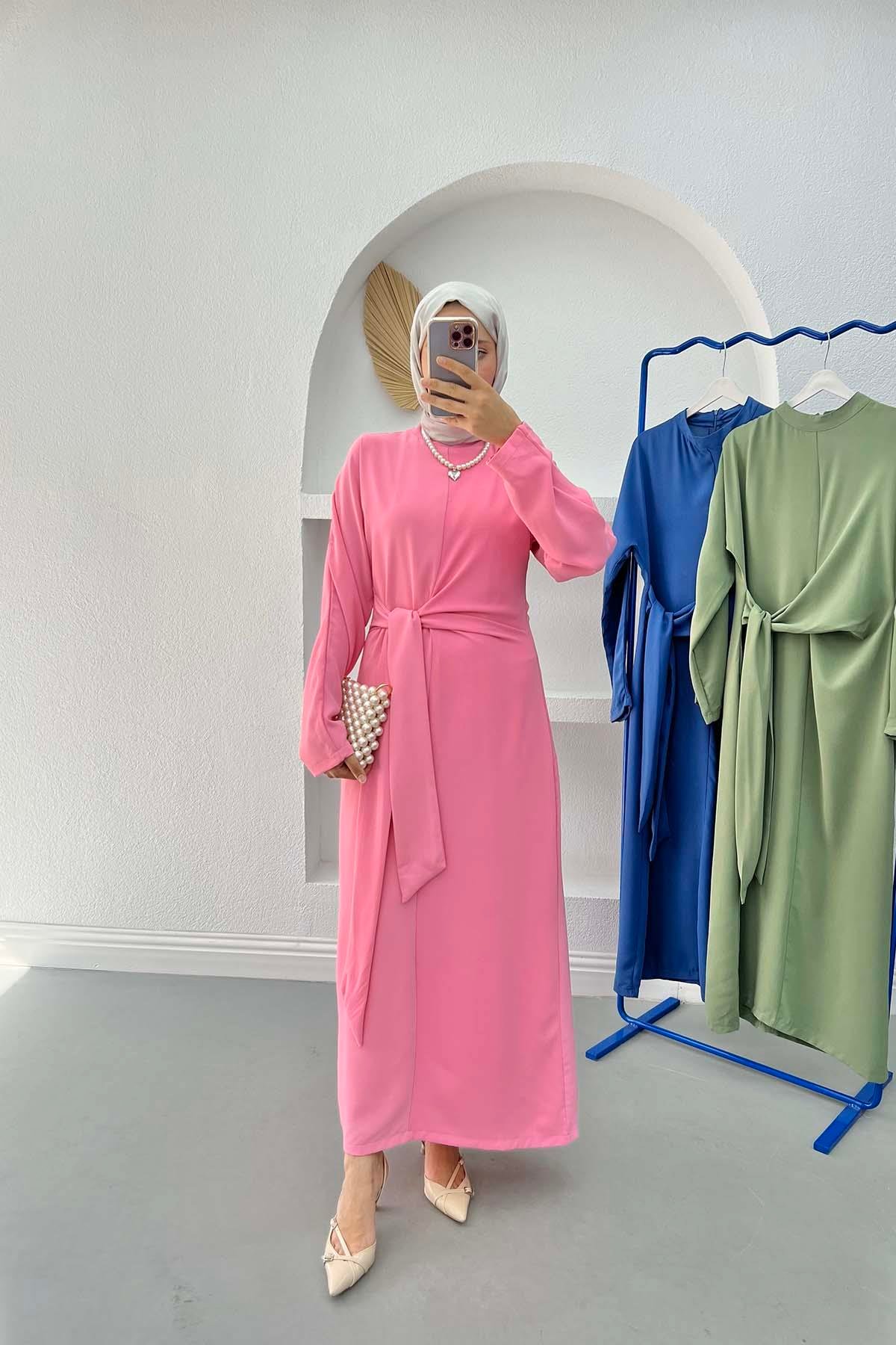 Bağlama Detaylı Elbise Pembe