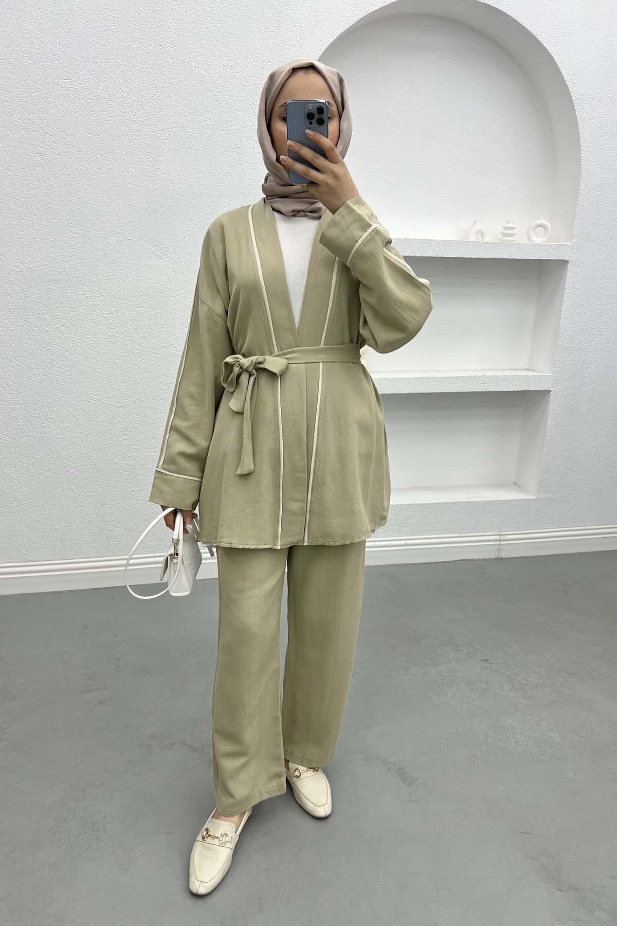 Biyeli Kimono Takım Soft Yeşil