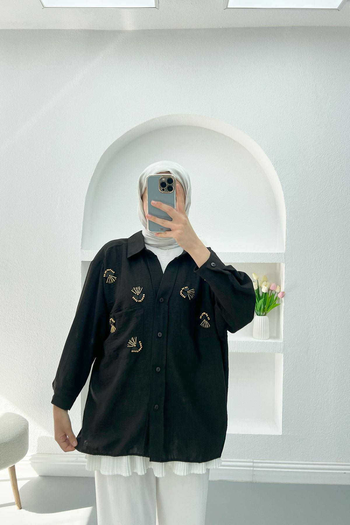 Boncuk İşlemeli Oversize Gömlek Siyah