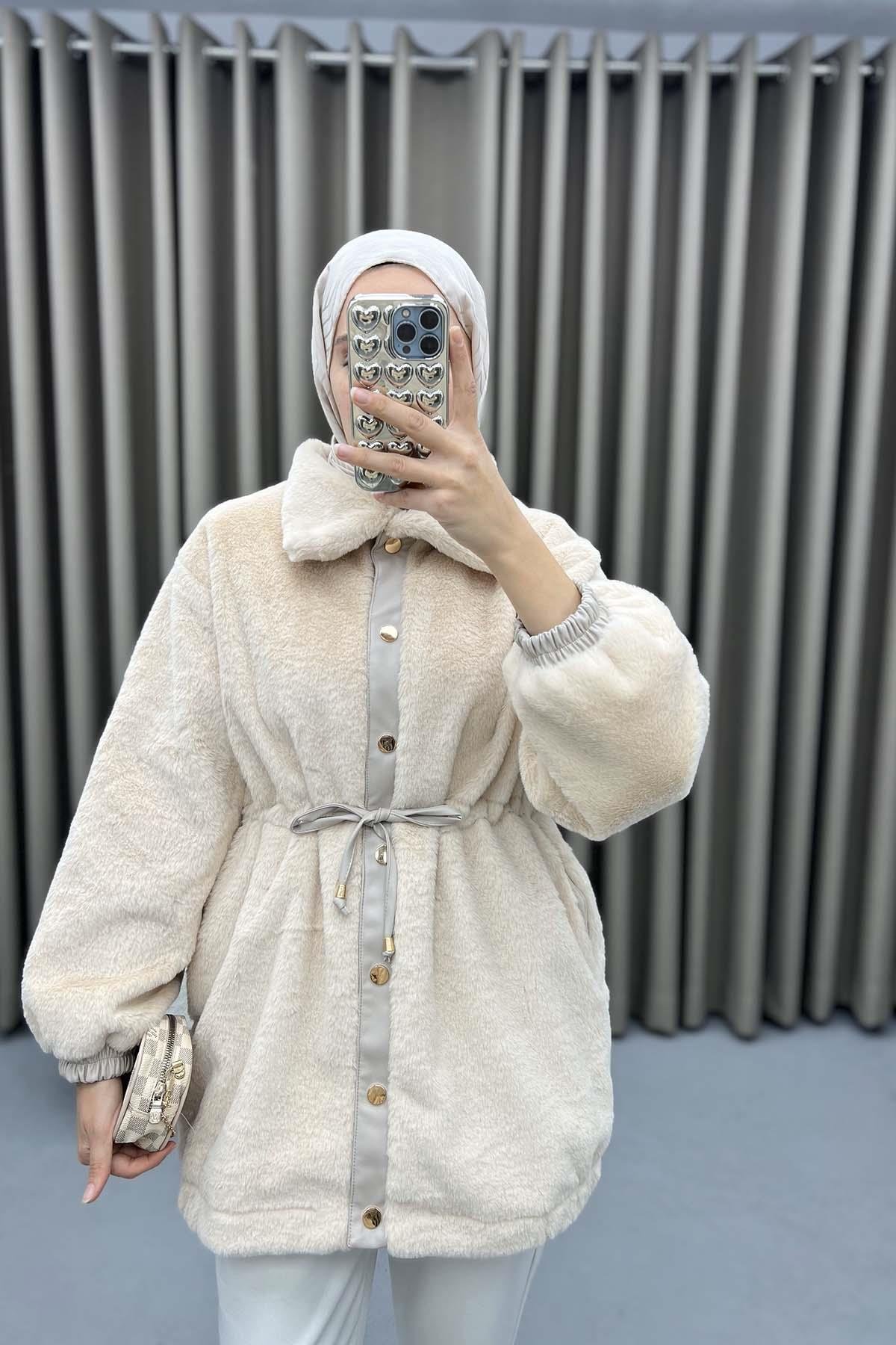 Büzgülü Peluş Kaban Krem