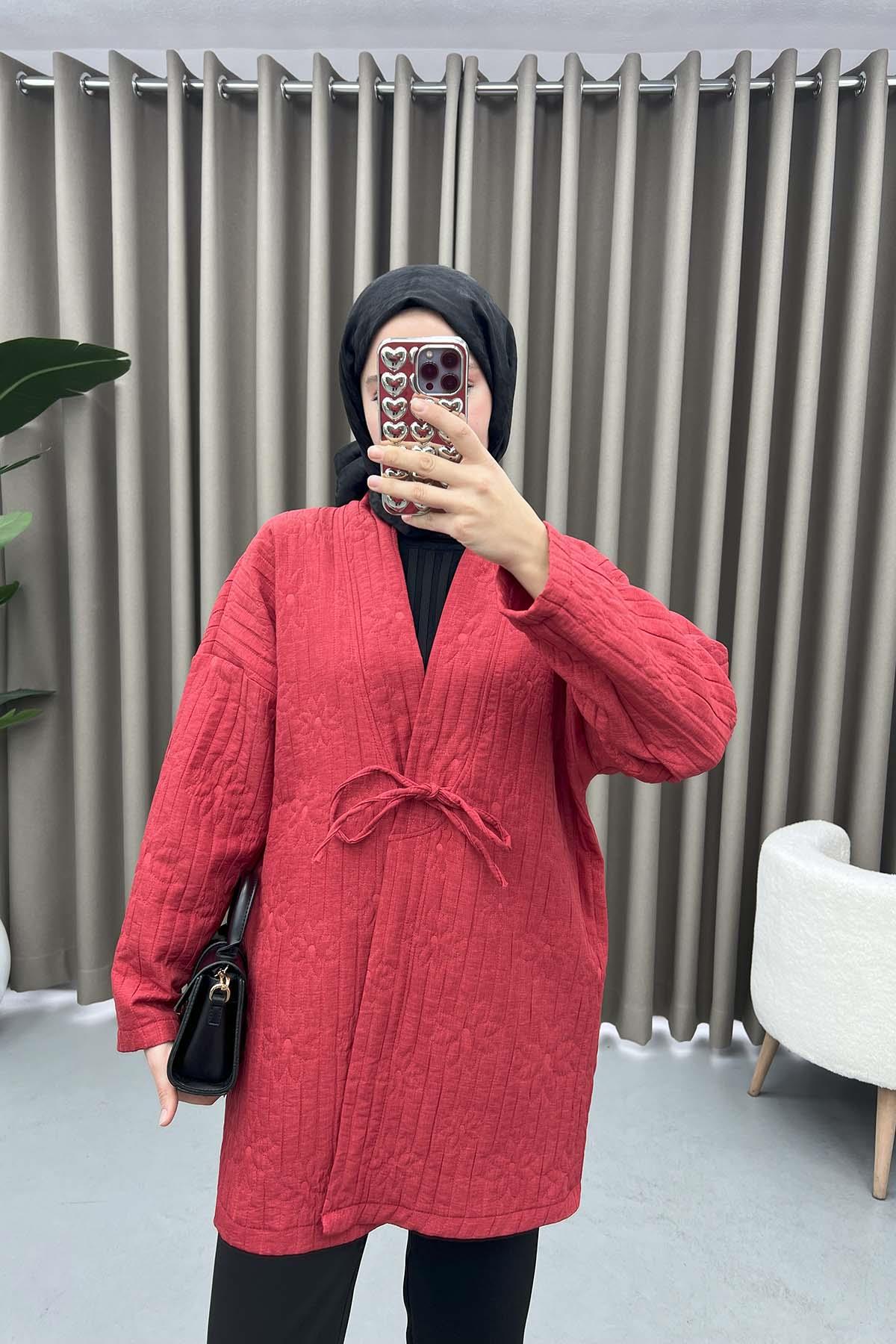 Çiçek İşlemeli Bağlamalı Kimono Kırmızı