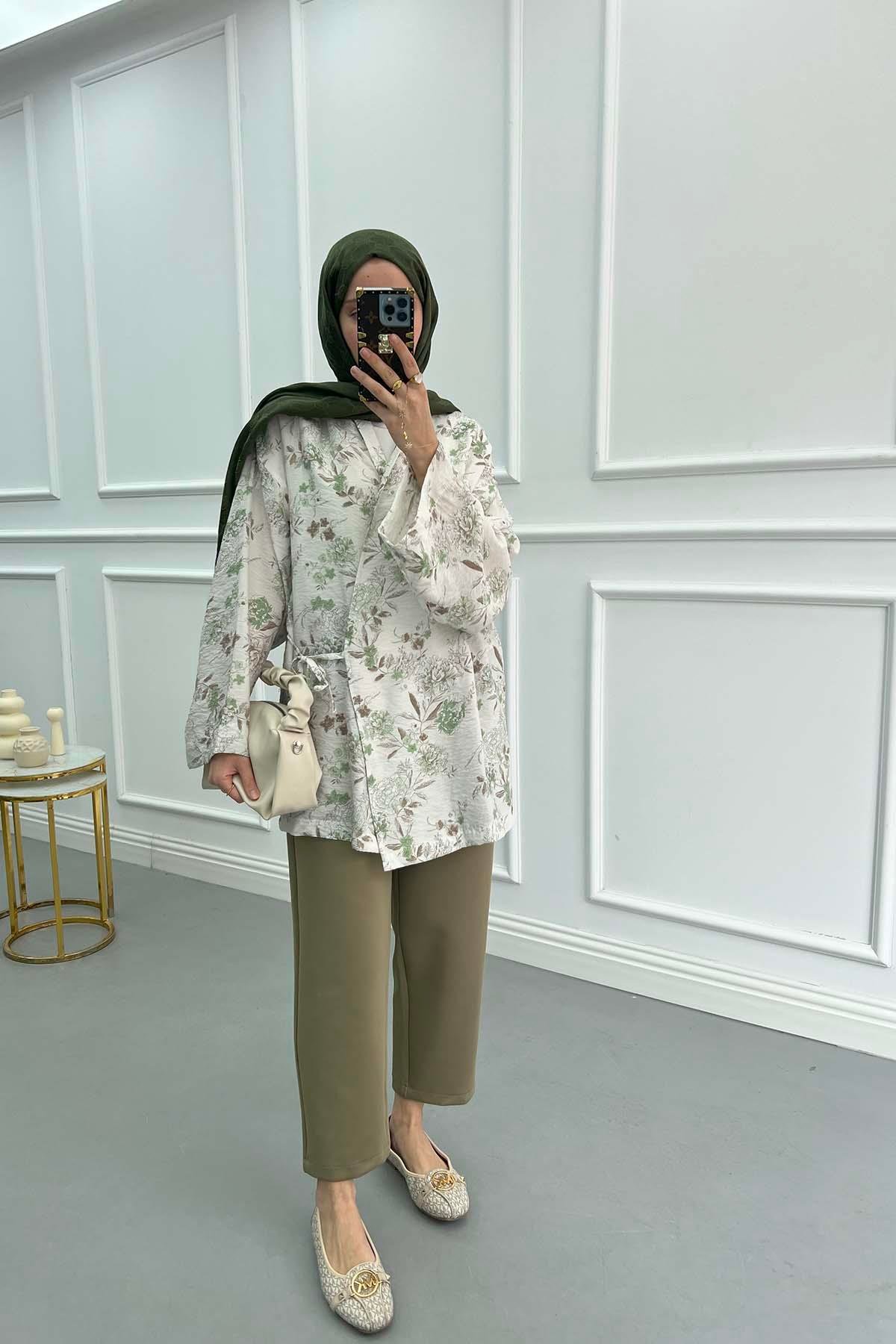 Çiçekli Bağlamalı Kimono Yeşil